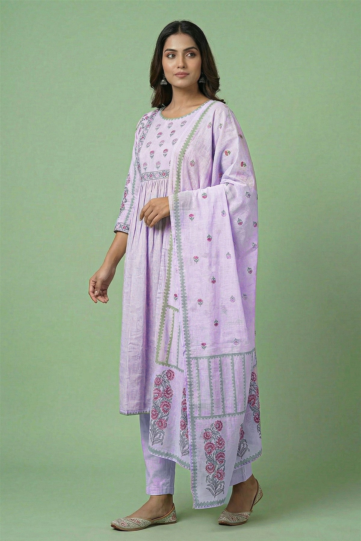 Mul Cotton Printed Lavender Kurti Set With Dupatta