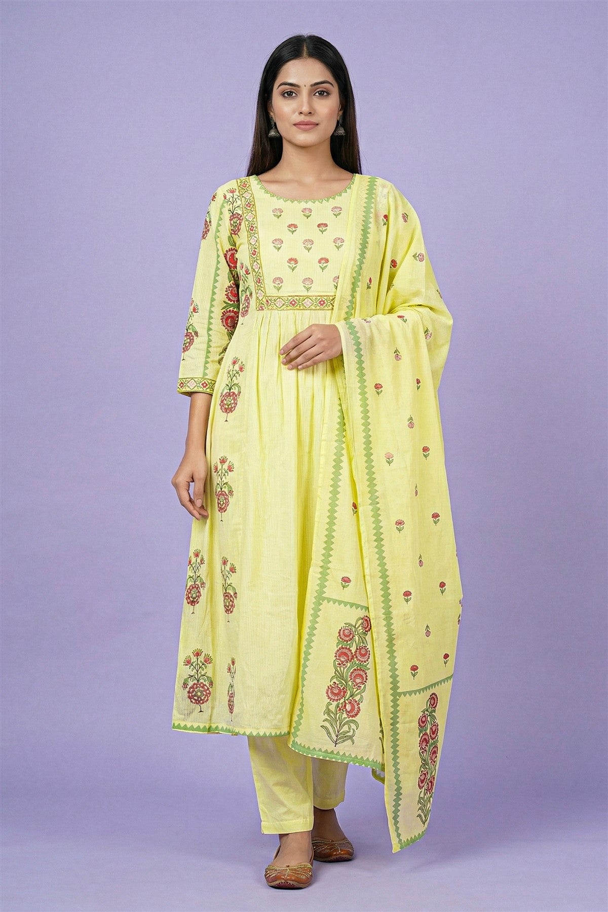 Mul Cotton Printed Yellow Kurti Set With Dupatta