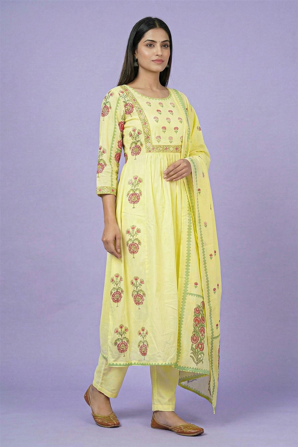 Mul Cotton Printed Yellow Kurti Set With Dupatta