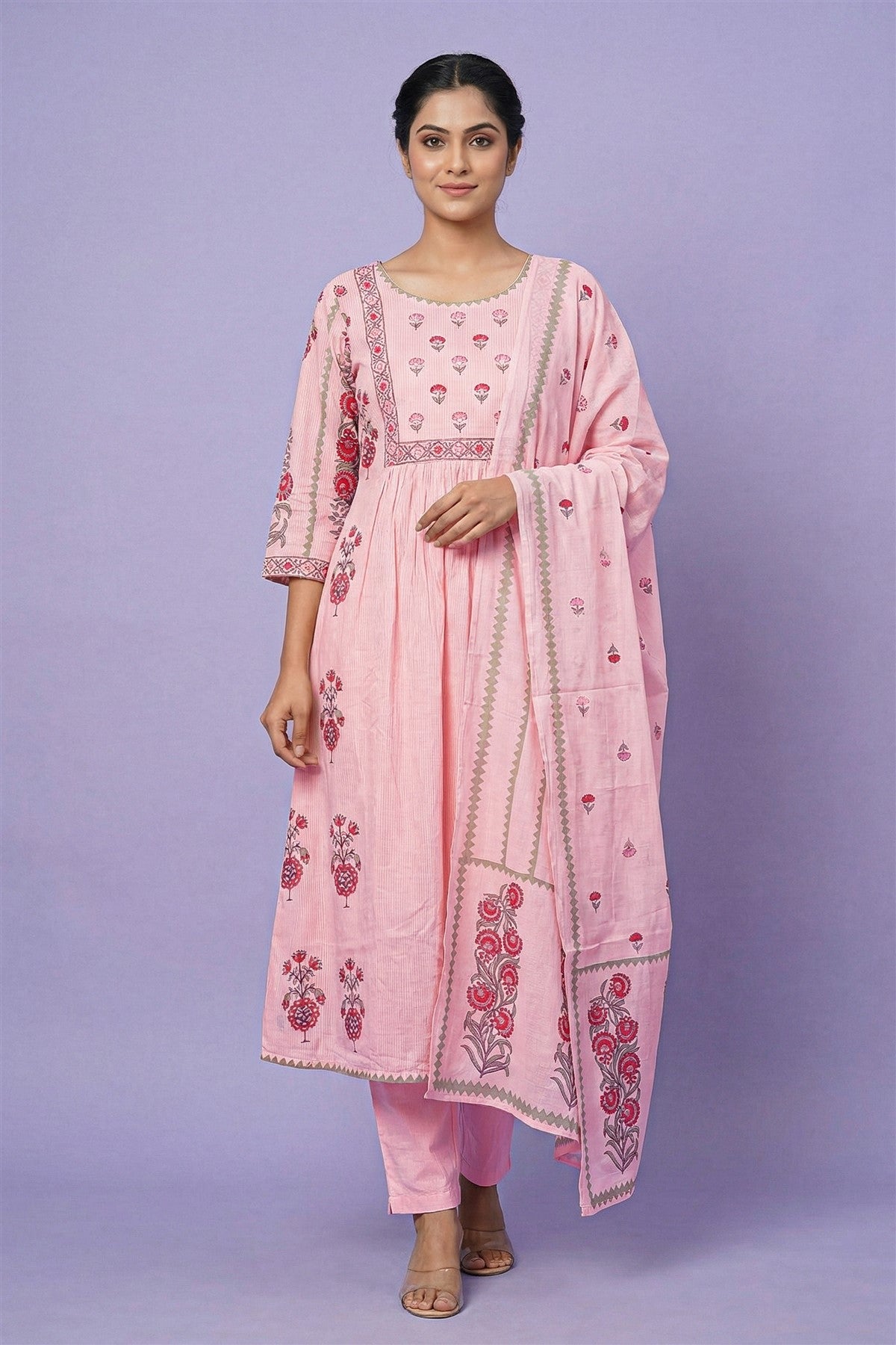 Mul Cotton Printed Pink Kurti Set With Dupatta
