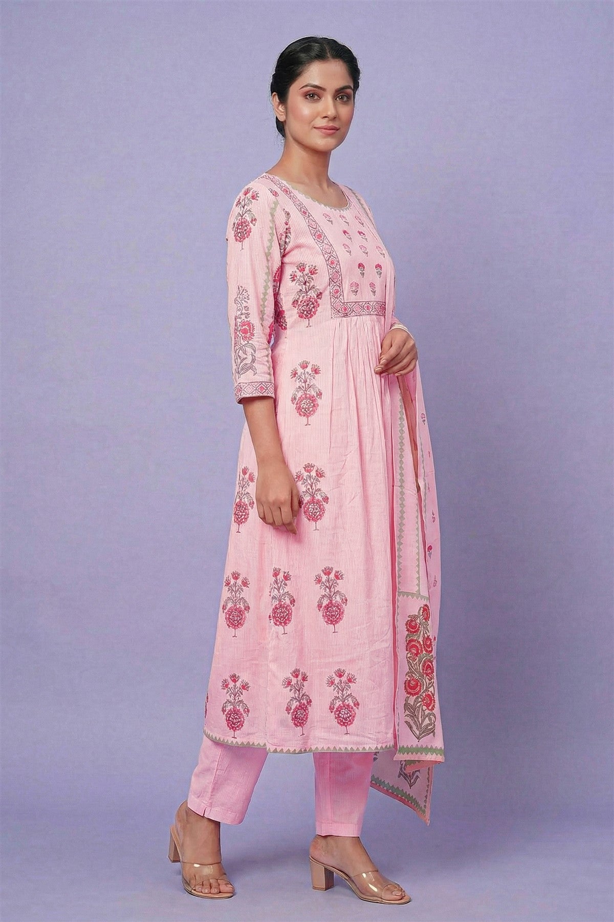 Mul Cotton Printed Pink Kurti Set With Dupatta