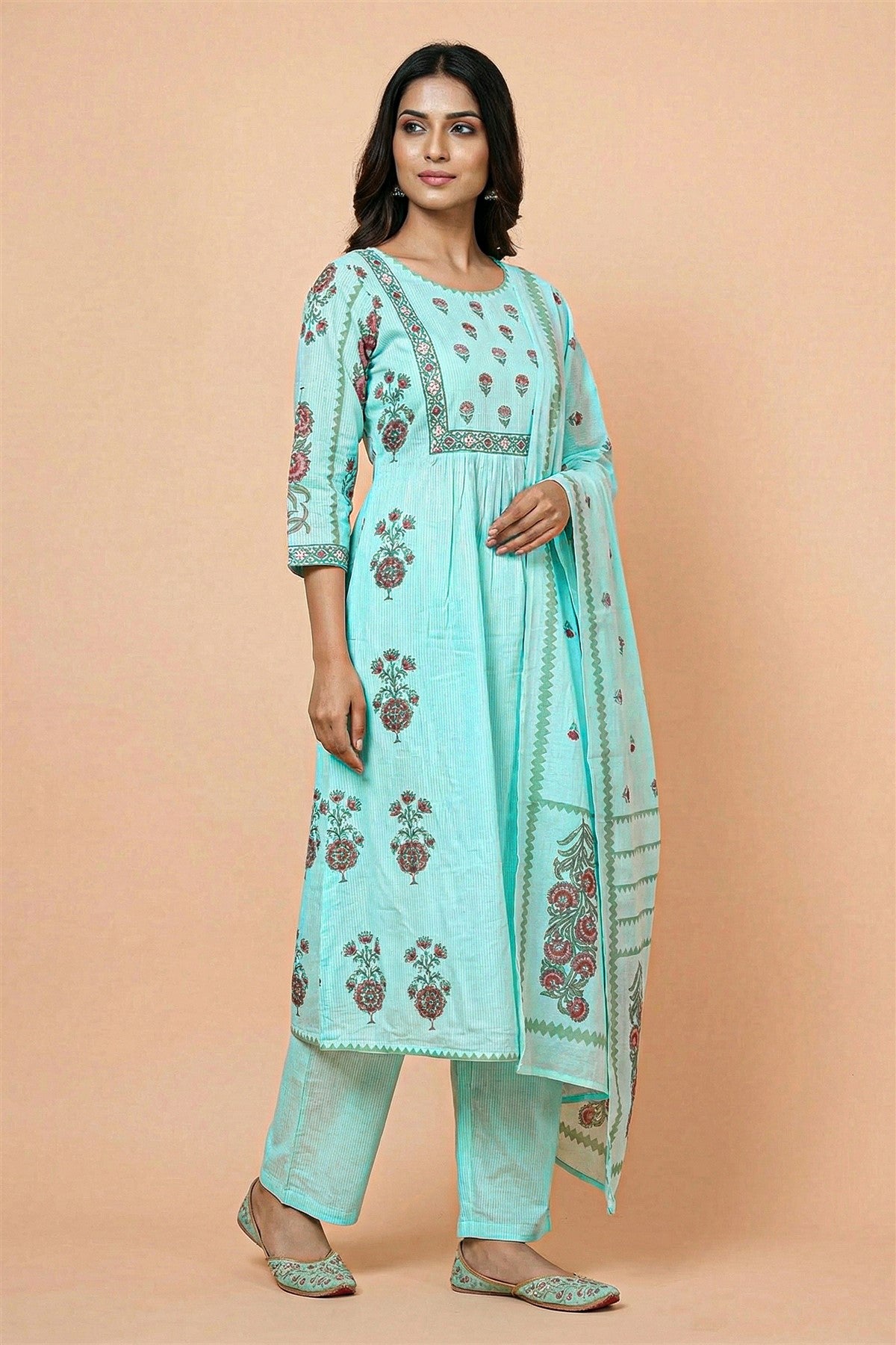 Mul Cotton Printed Sea Green Kurti Set With Dupatta