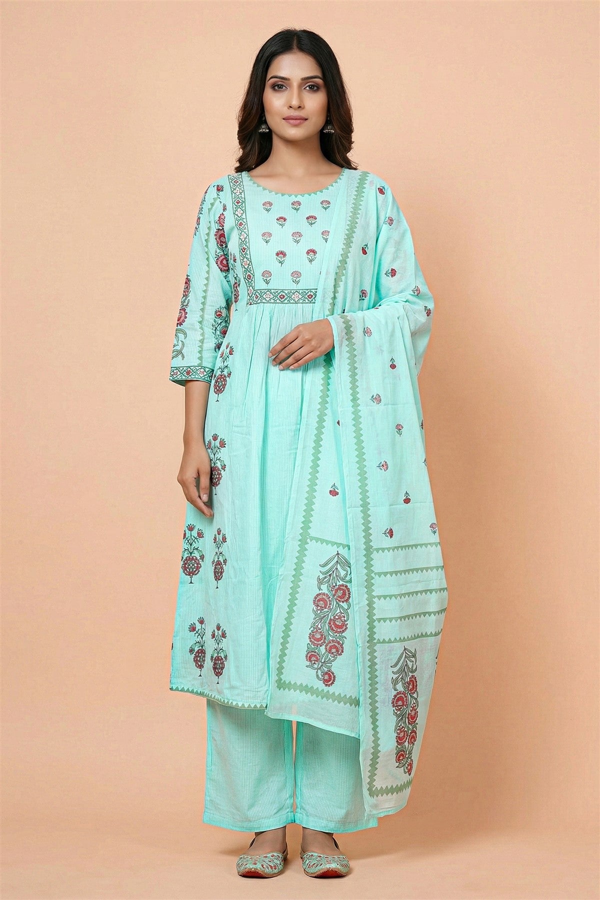 Mul Cotton Printed Sea Green Kurti Set With Dupatta