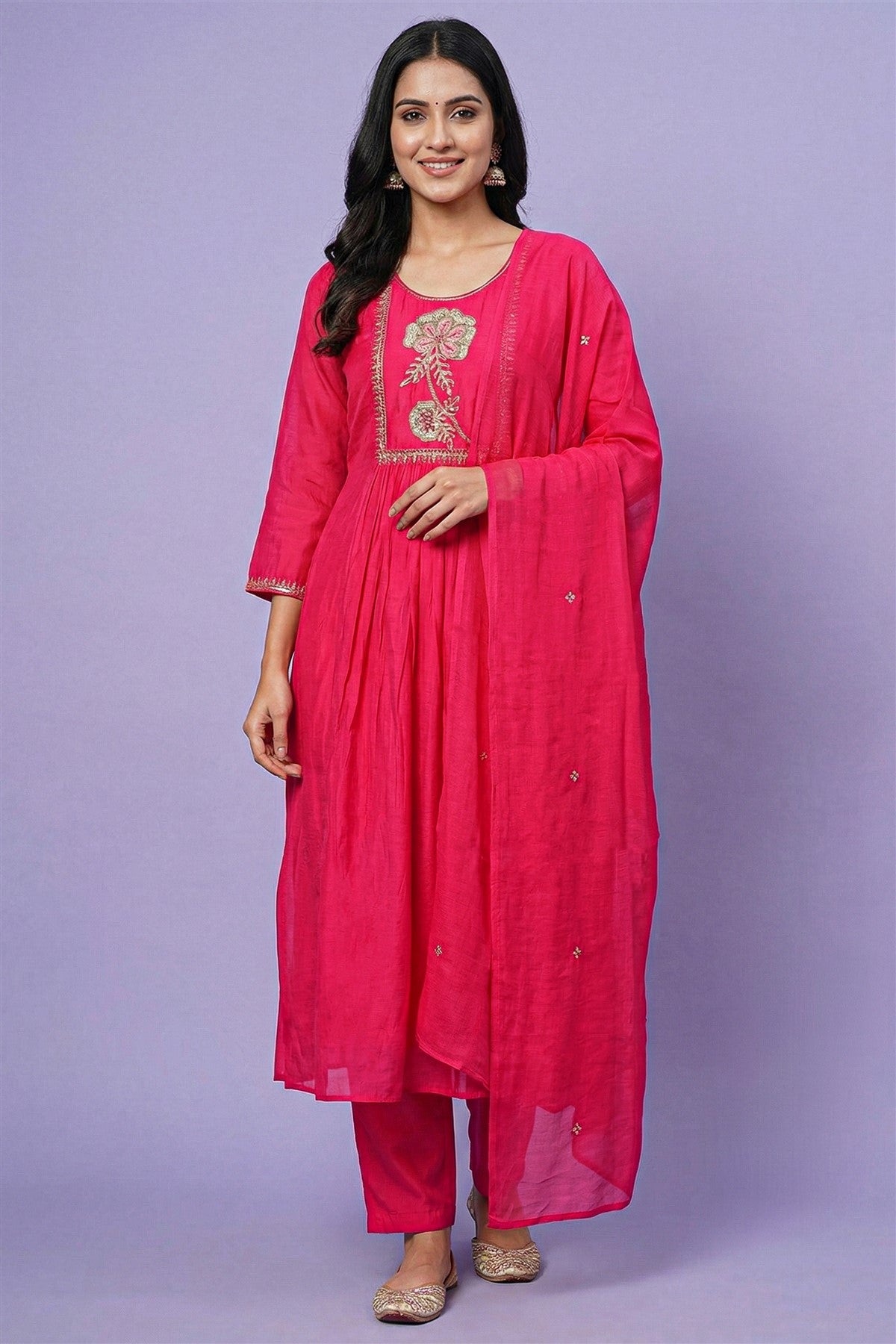 Mul Chanderi Solid Pink Kurti Set