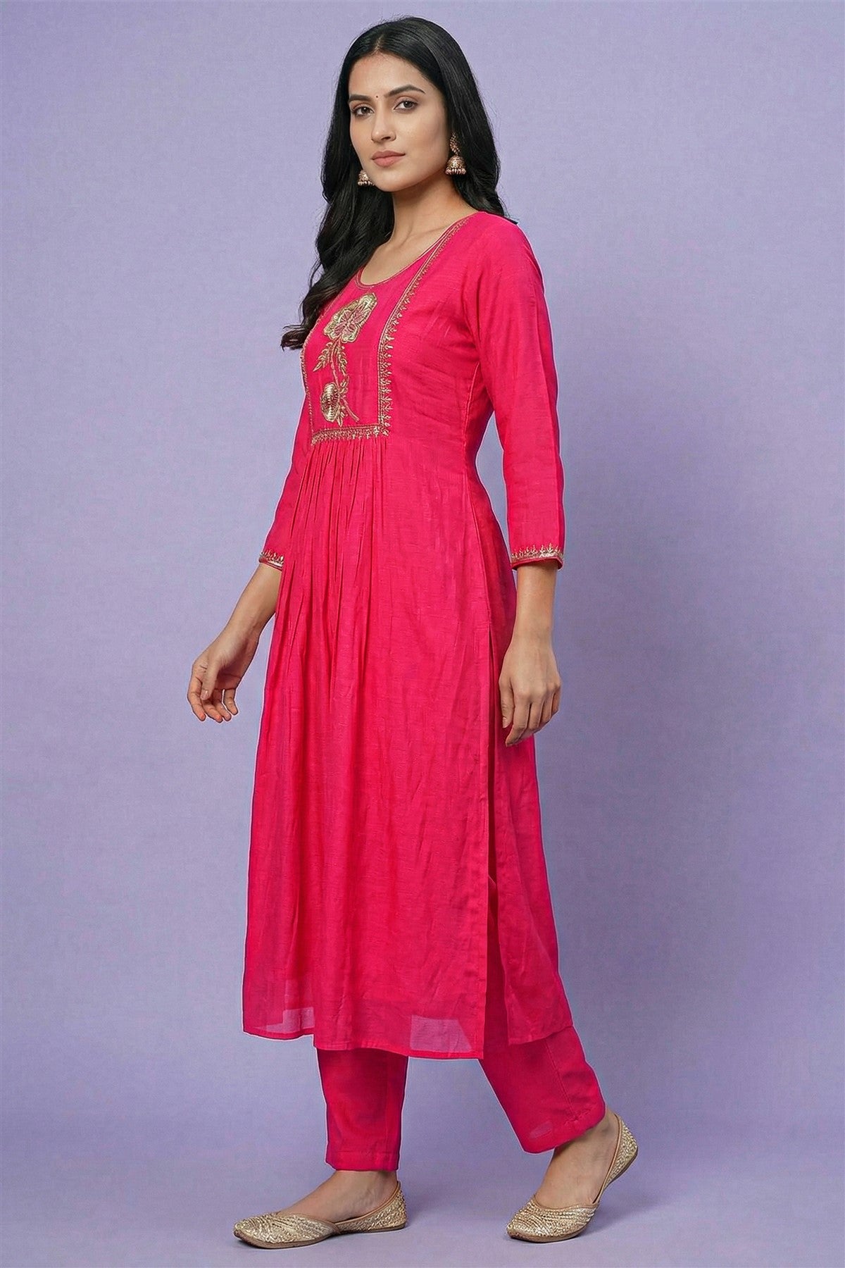 Mul Chanderi Solid Pink Kurti Set