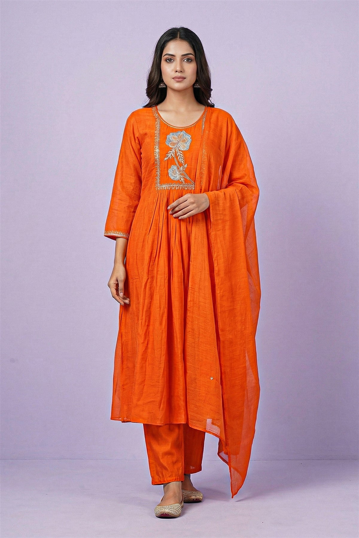 Mul Chanderi Solid Orange Kurti Set With Dupatta