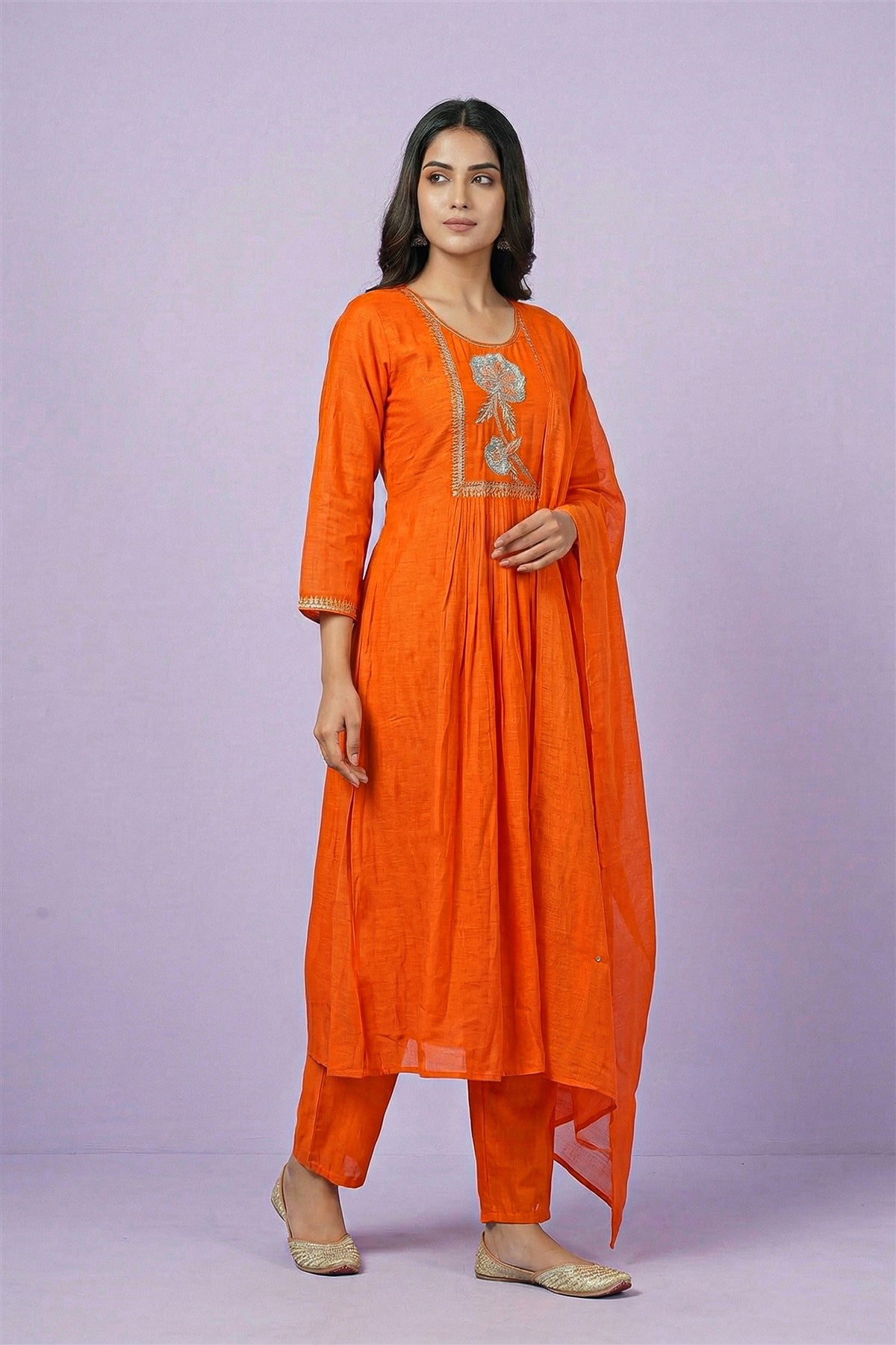 Mul Chanderi Solid Orange Kurti Set With Dupatta