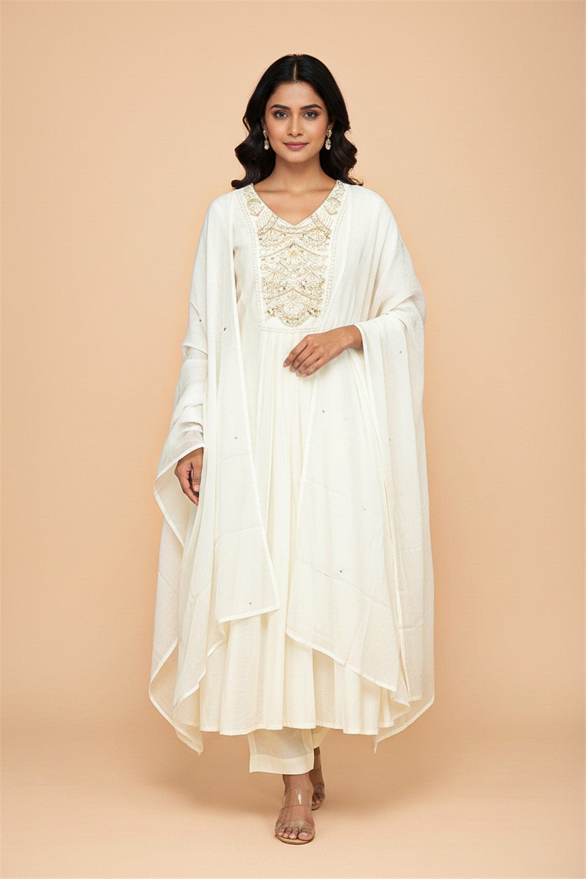 Mul Chanderi Solid Off White Kurti Set With Dupatta