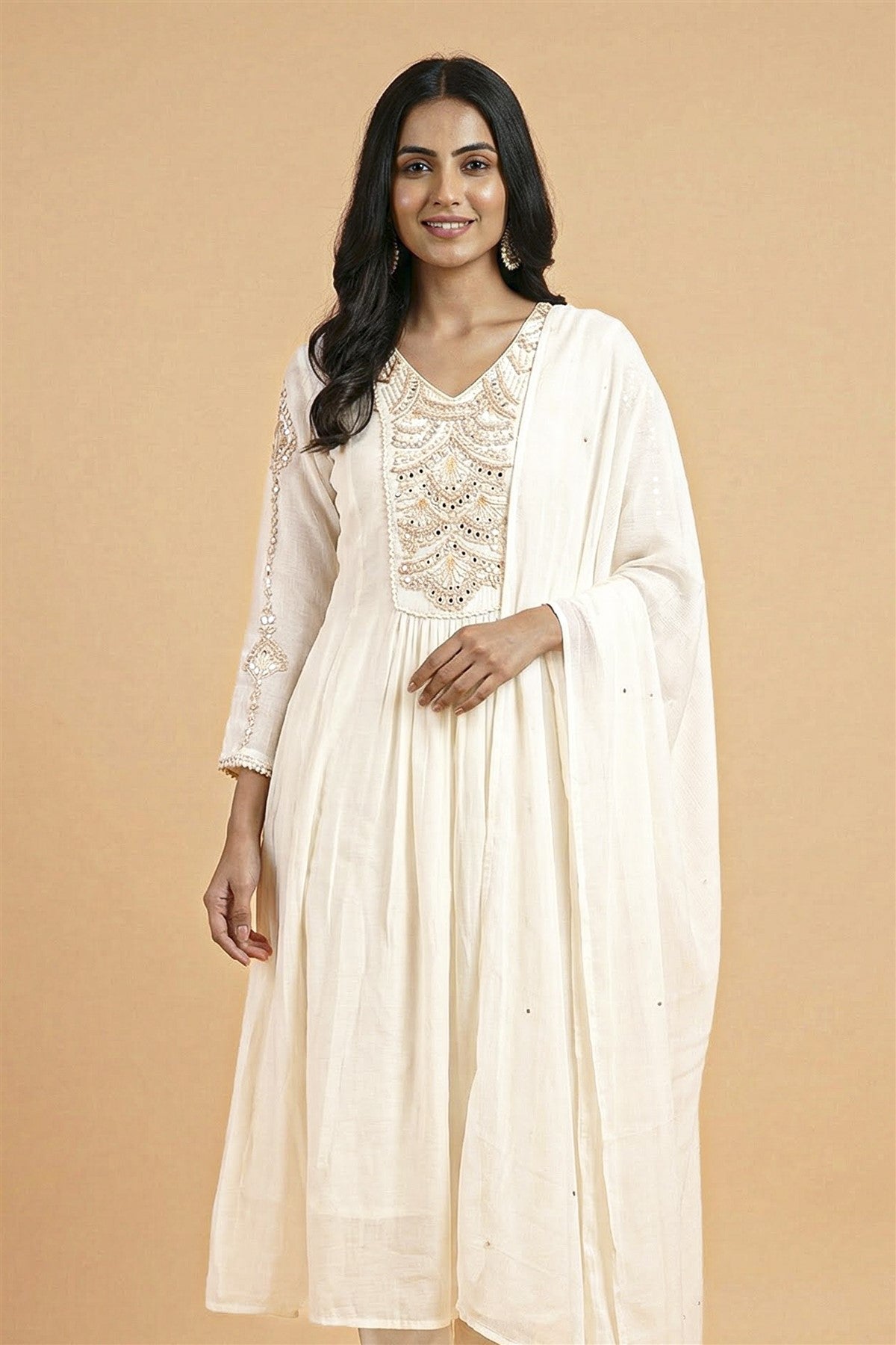 Mul Chanderi Solid Off White Kurti Set With Dupatta