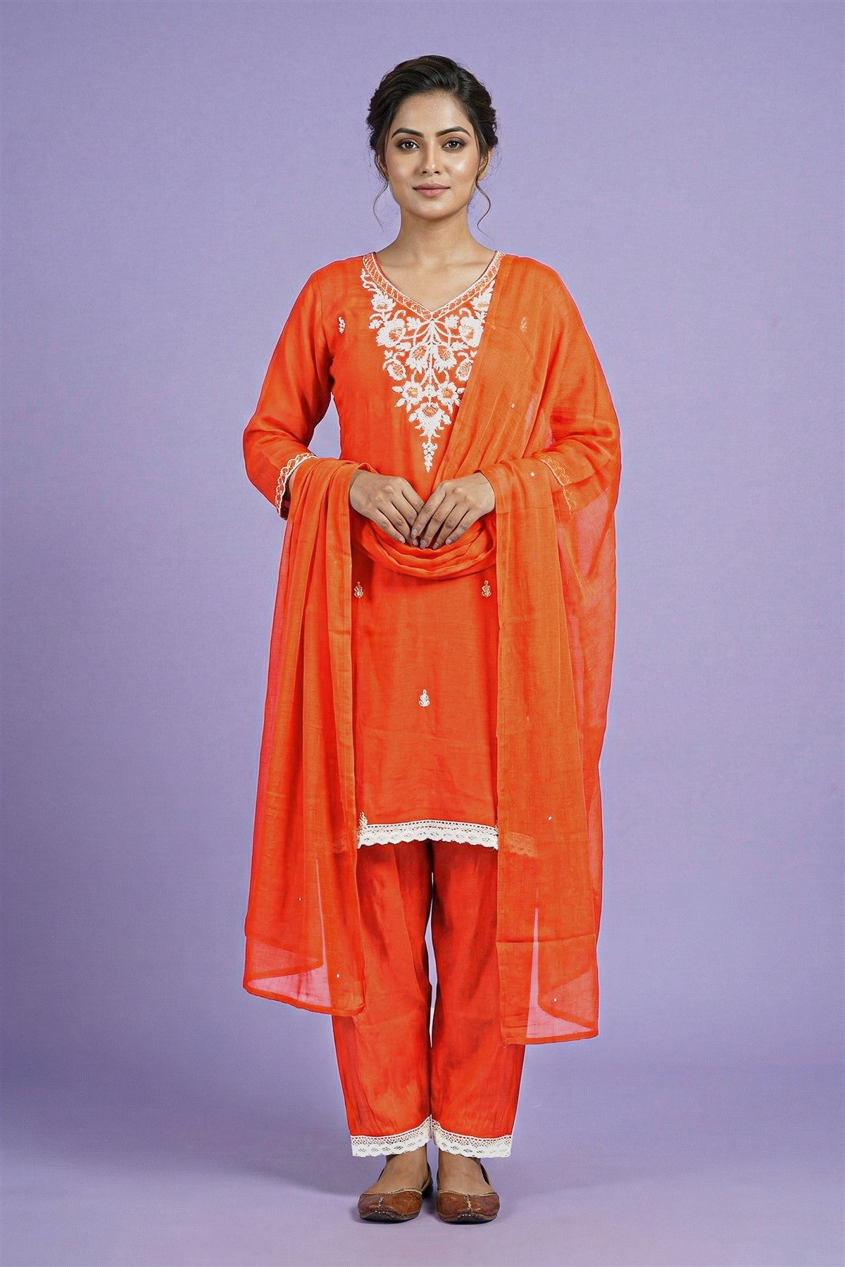 Mul Chanderi Solid Orange Kurti Set With Dupatta