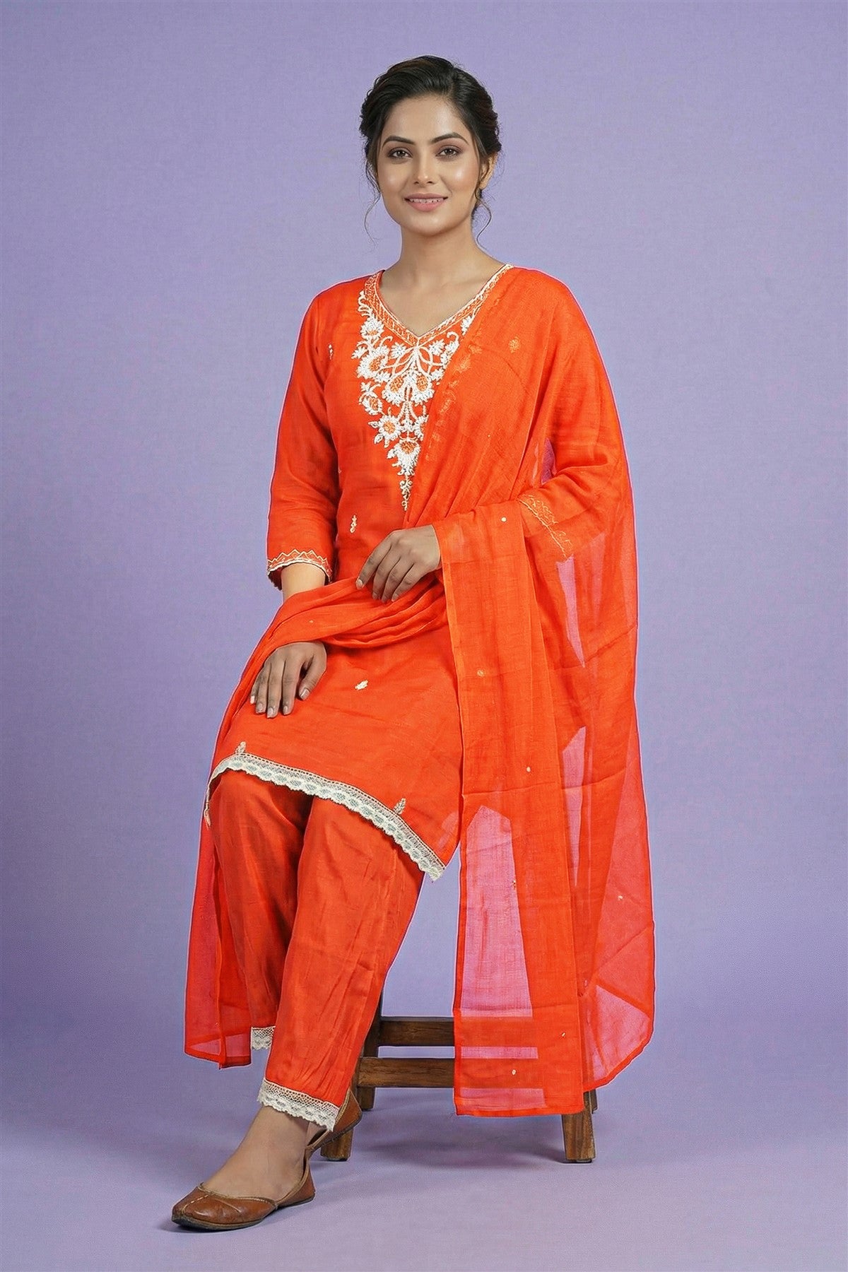 Mul Chanderi Solid Orange Kurti Set With Dupatta