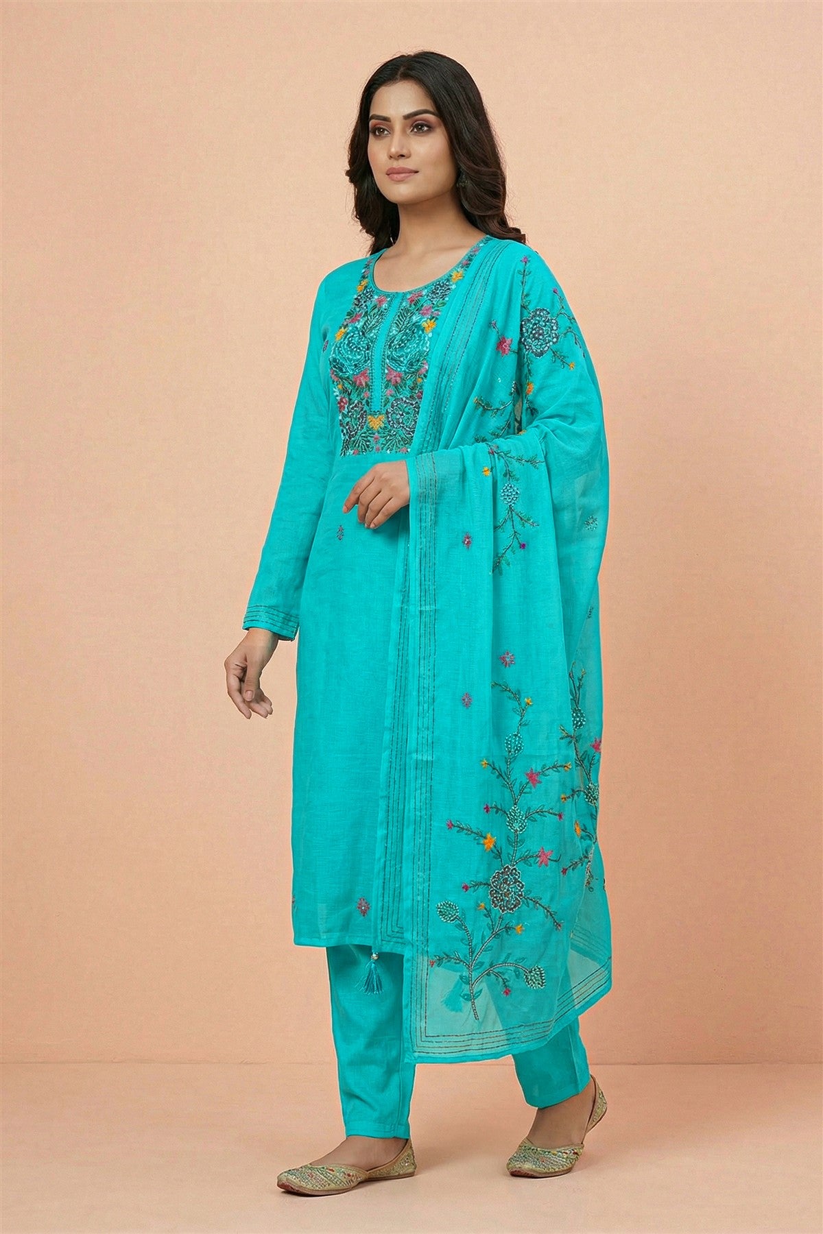 Mul Chanderi Embroidered Turquoise Blue Kurti Set With Dupatta