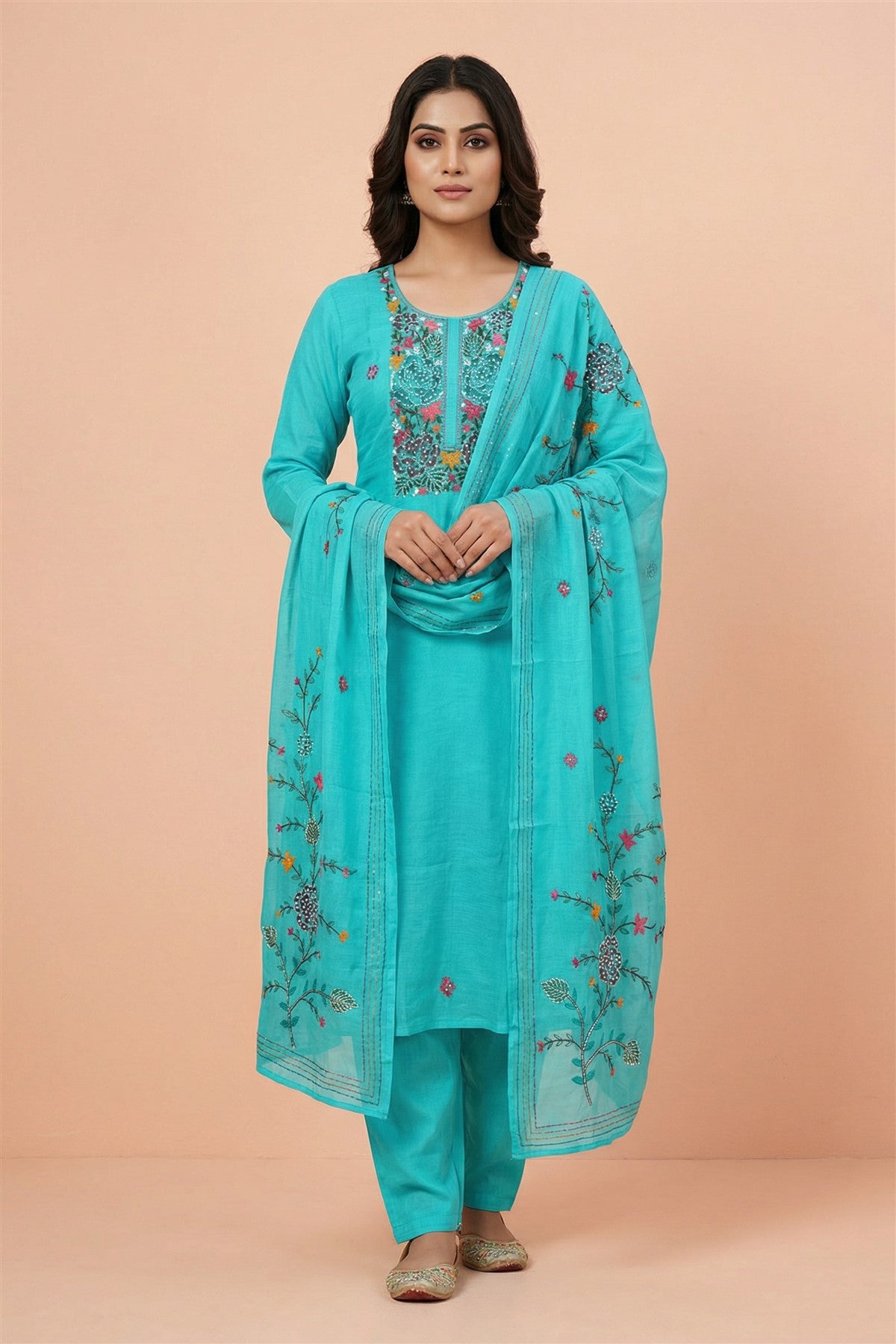 Mul Chanderi Embroidered Turquoise Blue Kurti Set With Dupatta