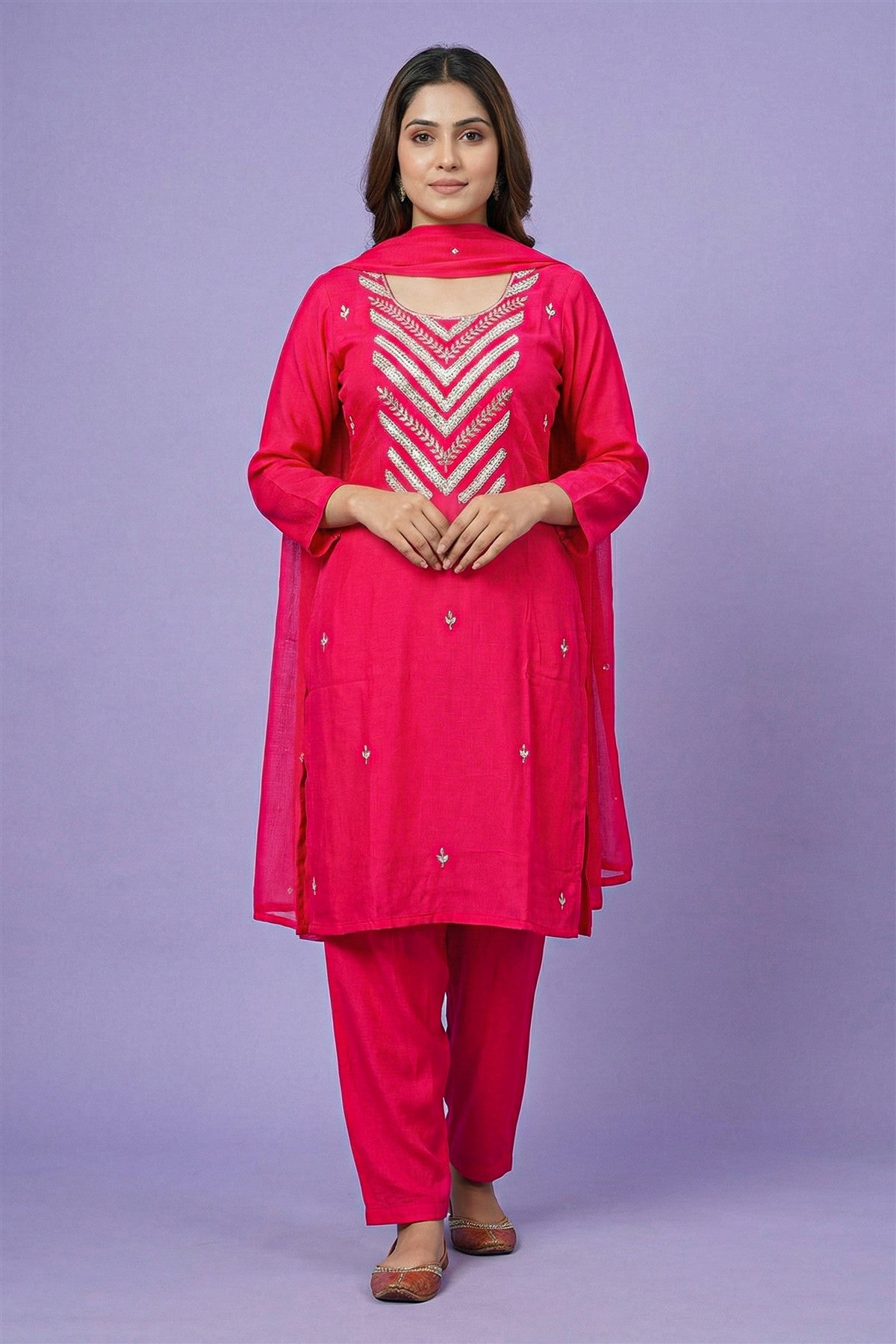 Mul Chanderi Embroidered Rani Pink Kurti Set With Dupatta