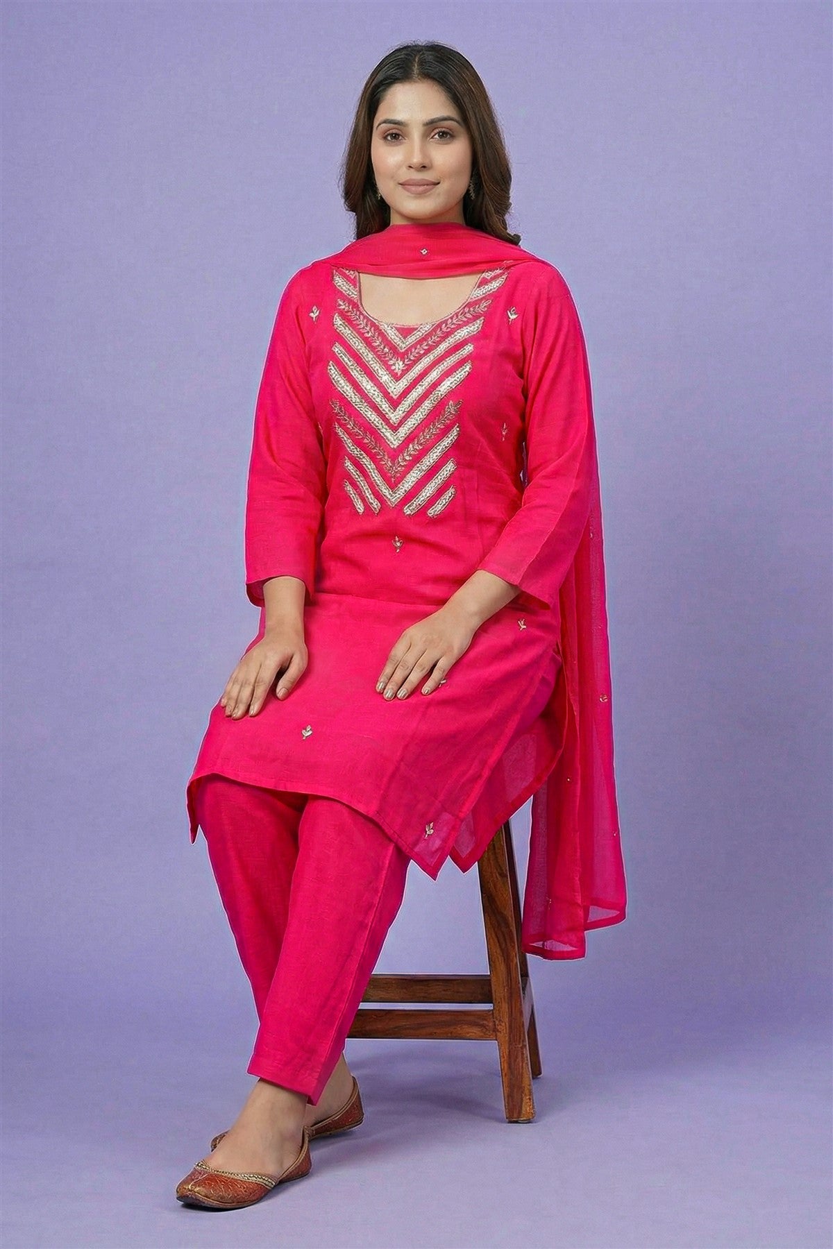 Mul Chanderi Embroidered Rani Pink Kurti Set With Dupatta