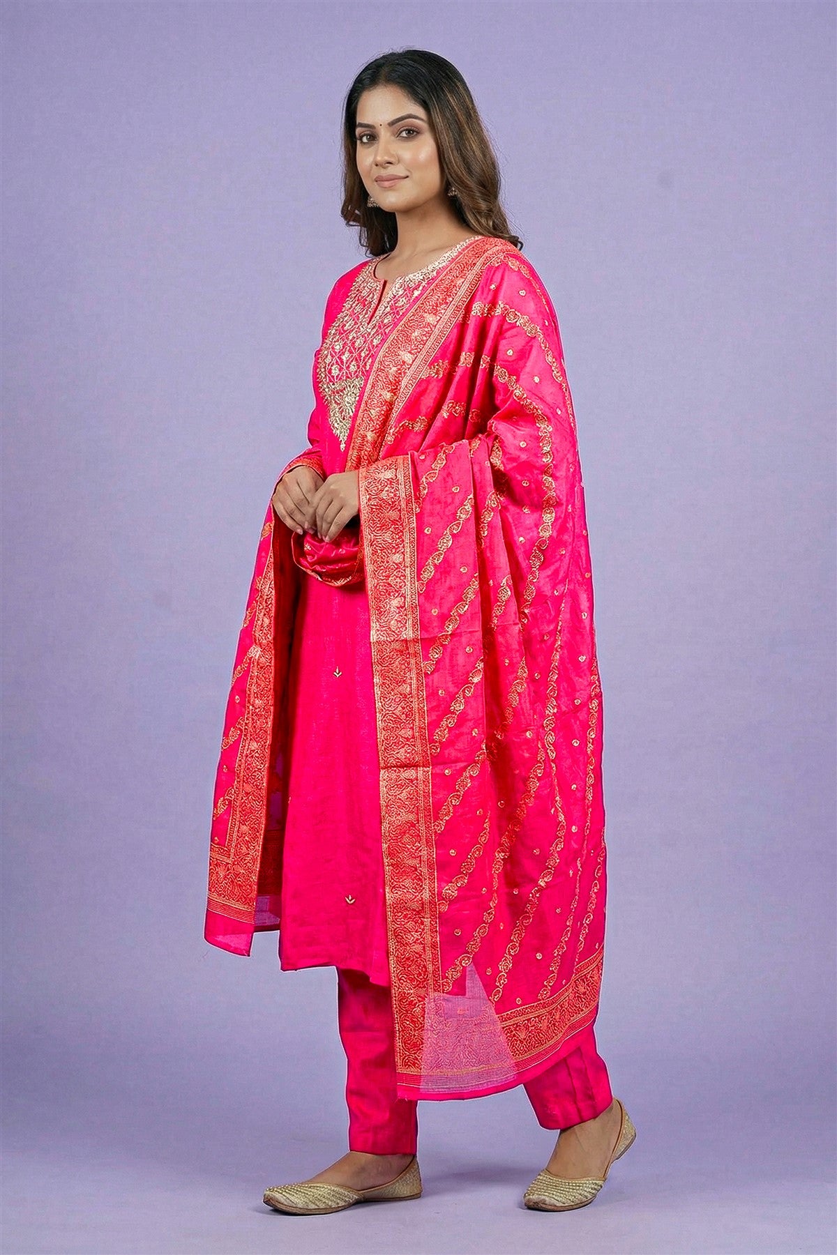 Chinon Silk Embroidered Pink Kurti Set With Dupatta