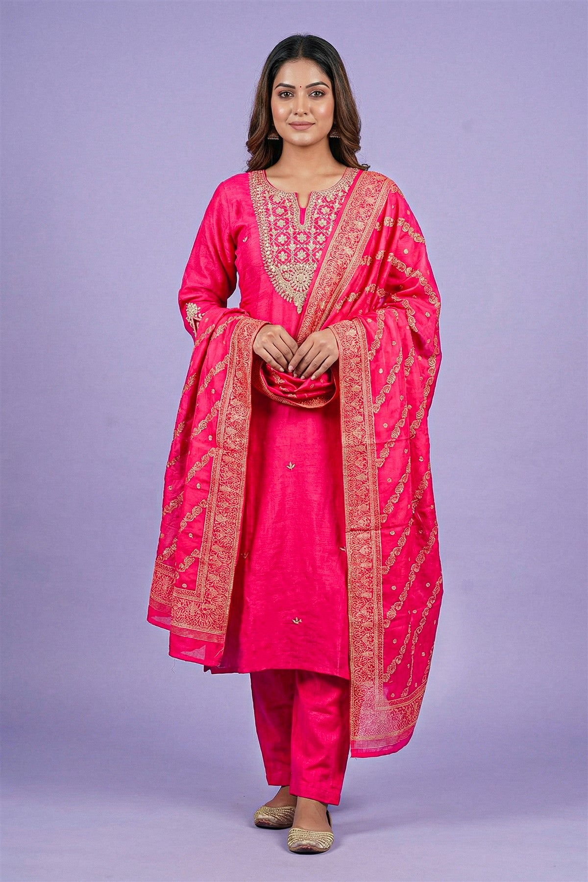 Chinon Silk Embroidered Pink Kurti Set With Dupatta