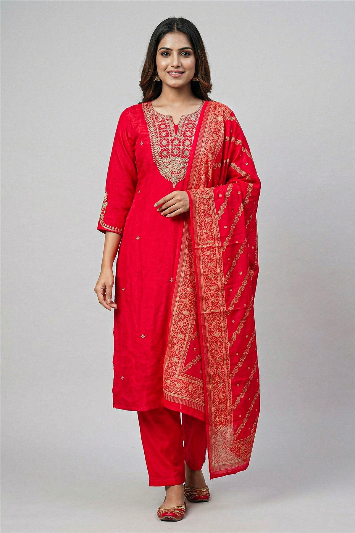 Chinon Silk Embroidered Red Kurti Set With Dupatta