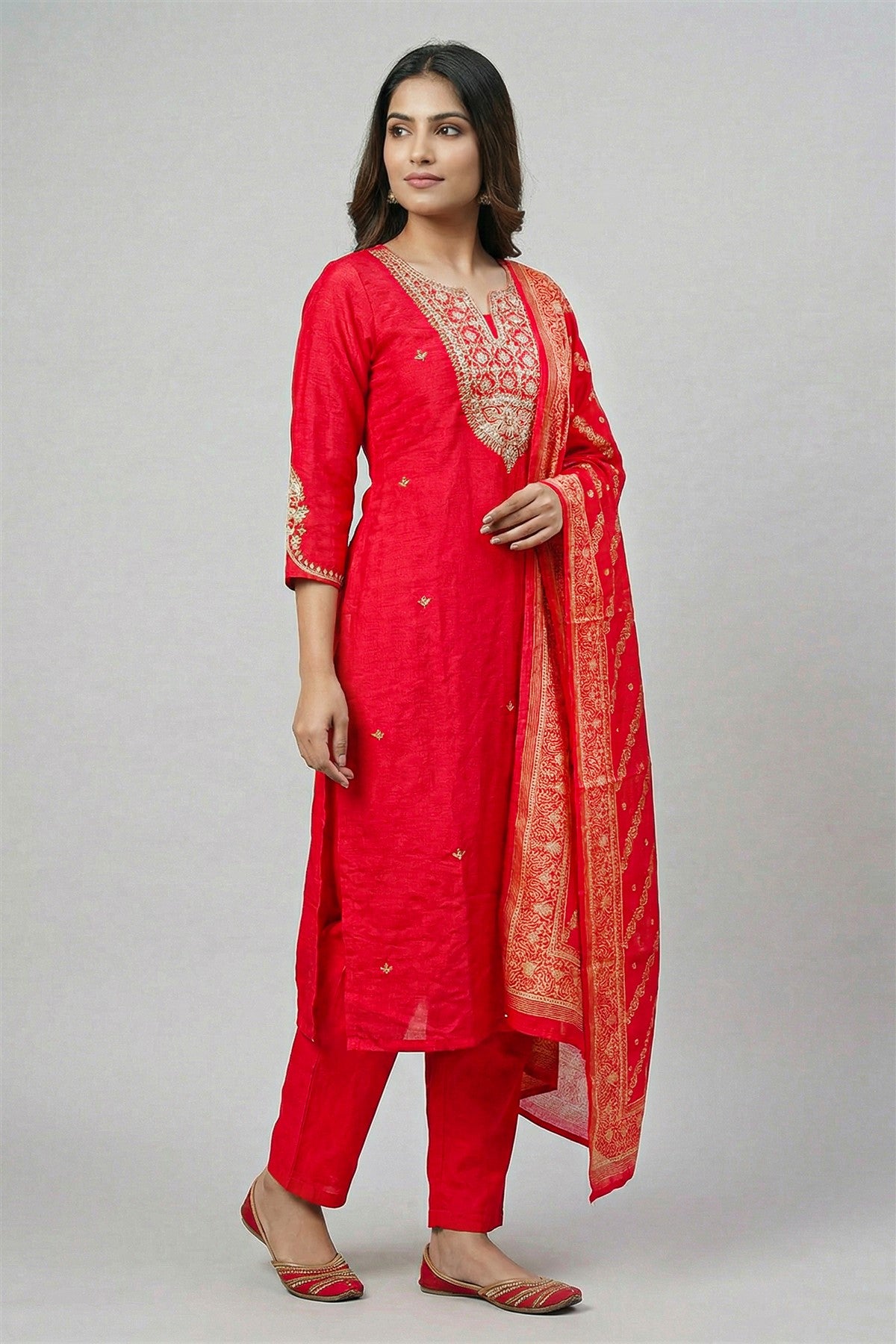 Chinon Silk Embroidered Red Kurti Set With Dupatta