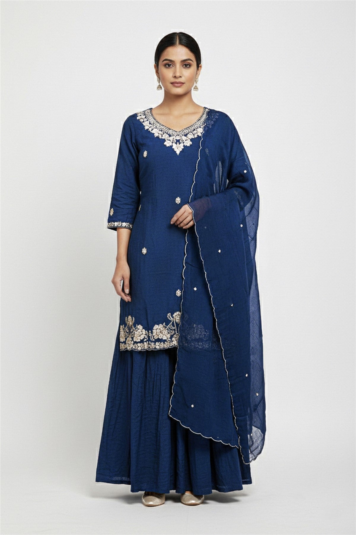 Mul Chanderi Solid Navy Blue Kurti Set With Dupatta