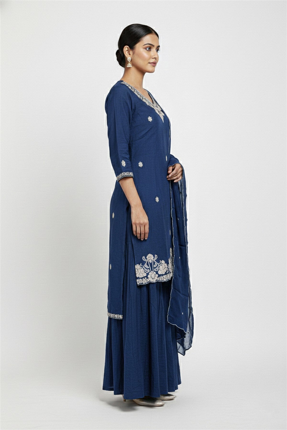Mul Chanderi Solid Navy Blue Kurti Set With Dupatta