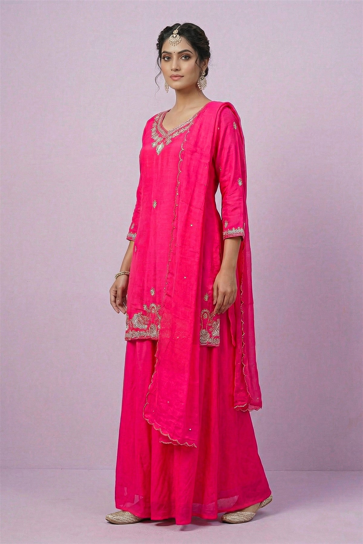 Mul Chanderi Solid Pink Kurti Set With Dupatta