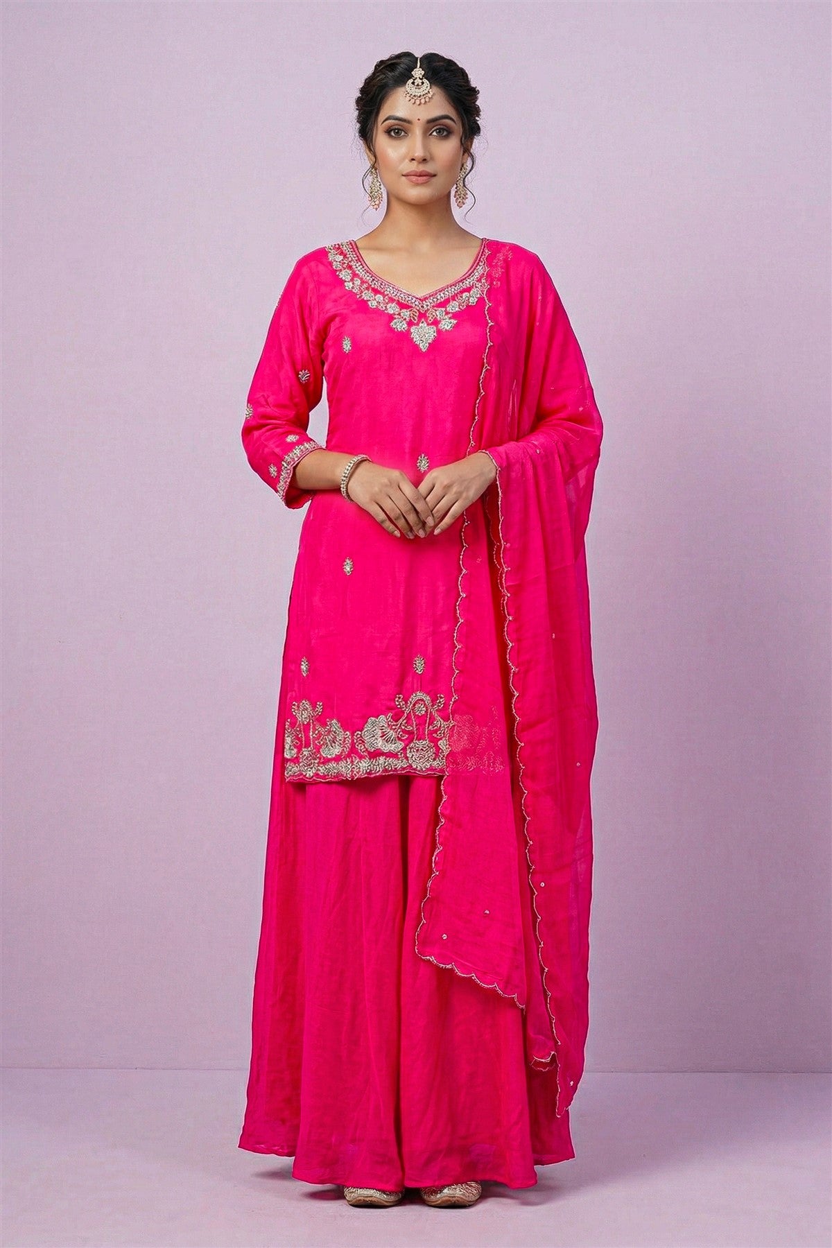 Mul Chanderi Solid Pink Kurti Set With Dupatta