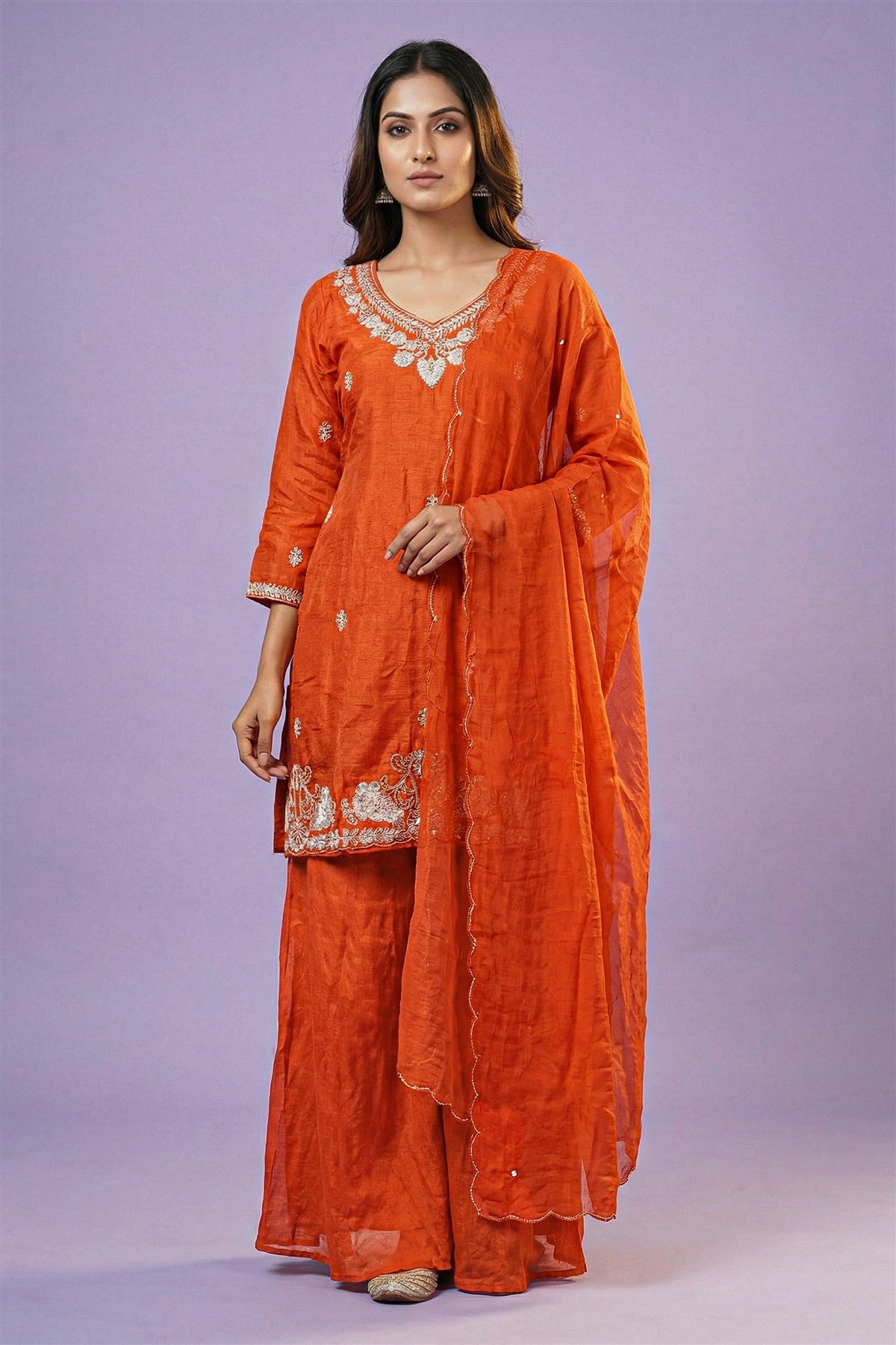 Mul Chanderi Solid Rust Kurta