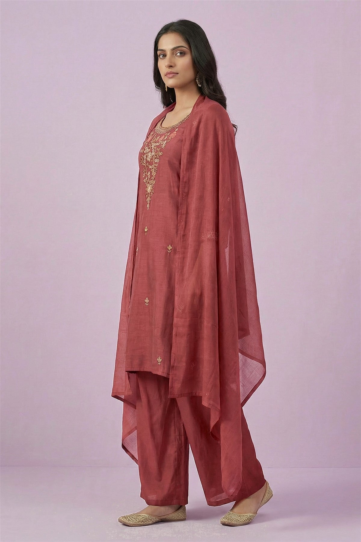 Mul Chanderi Brown Solid Kurta