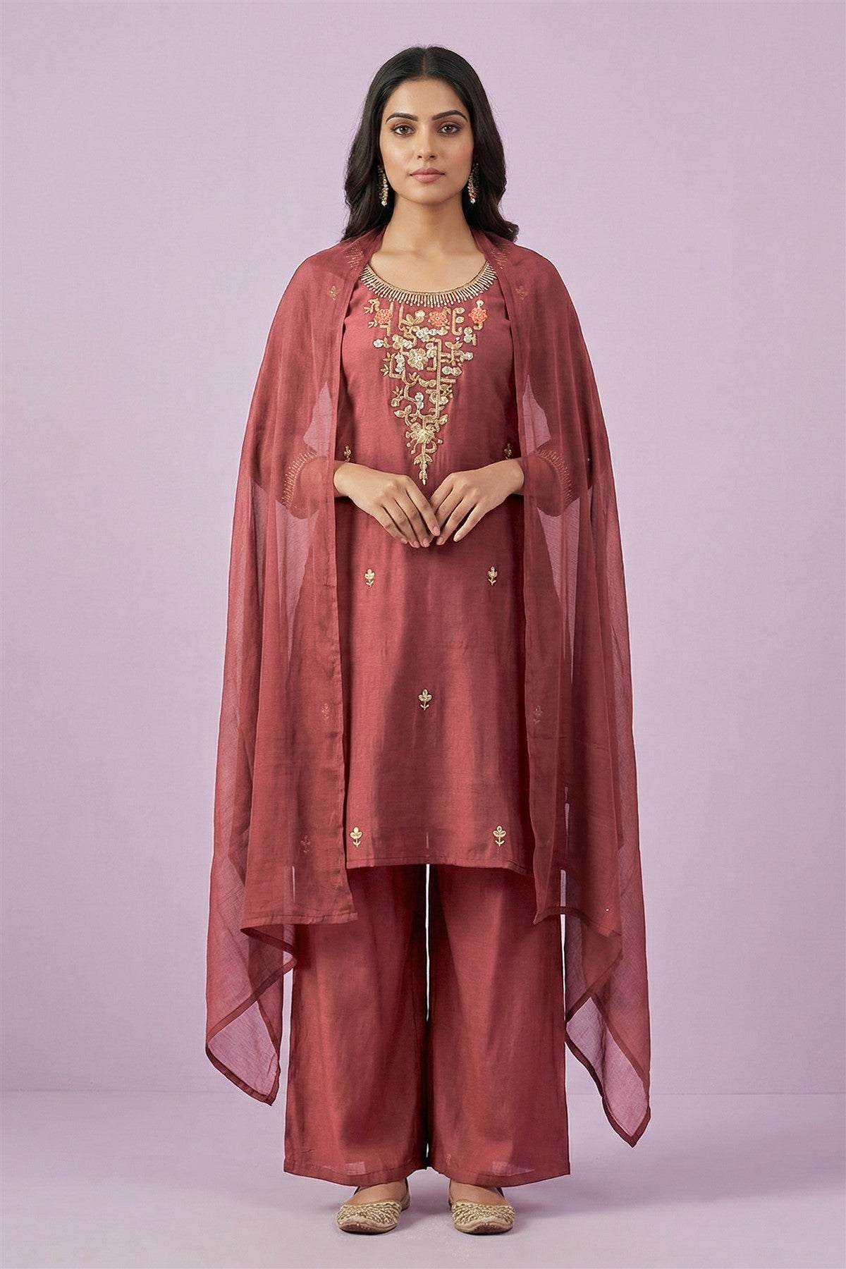 Mul Chanderi Brown Solid Kurta