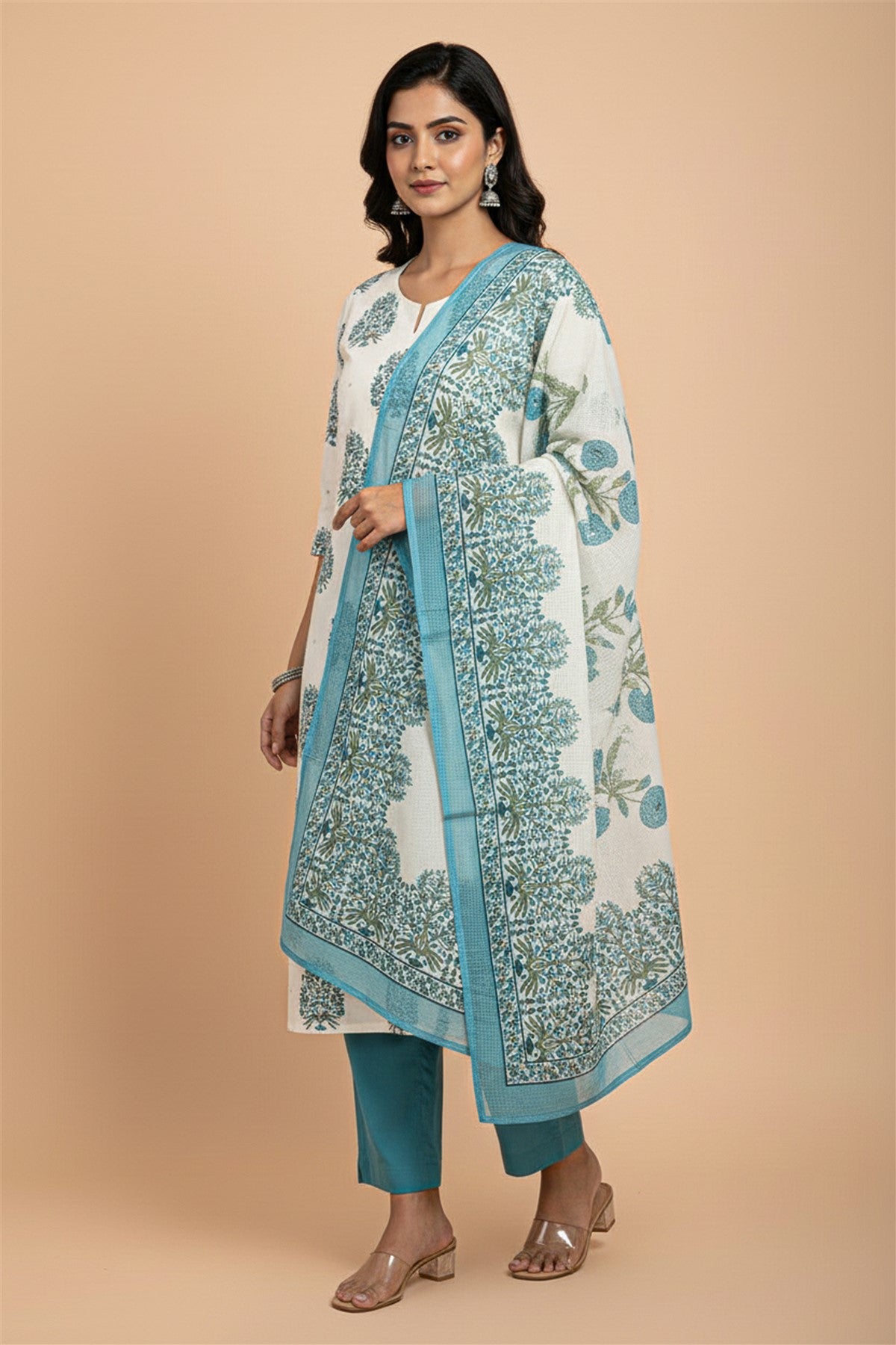 Cotton Printed Blue Kurti Set With Dupatta