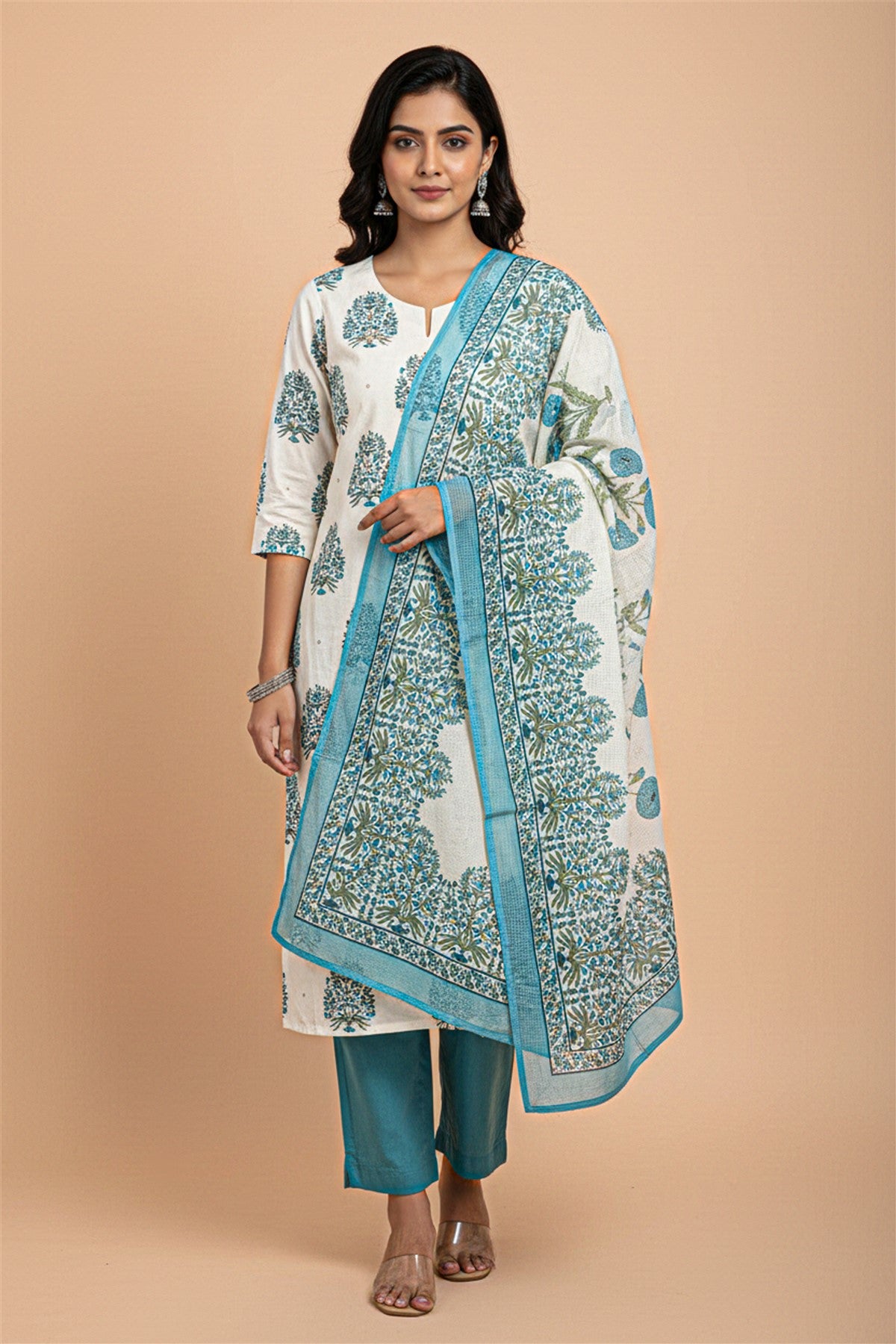 Cotton Printed Blue Kurti Set With Dupatta