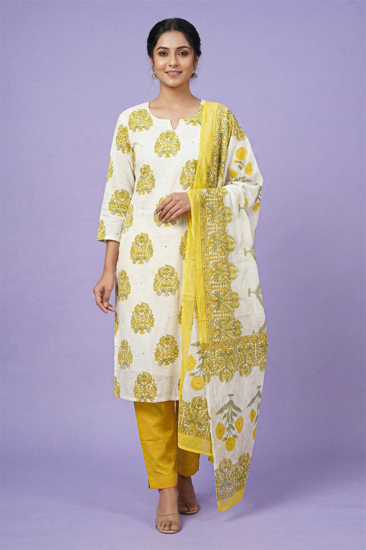 Cotton Printed Lemon Yellow Kurti Set With Dupatta