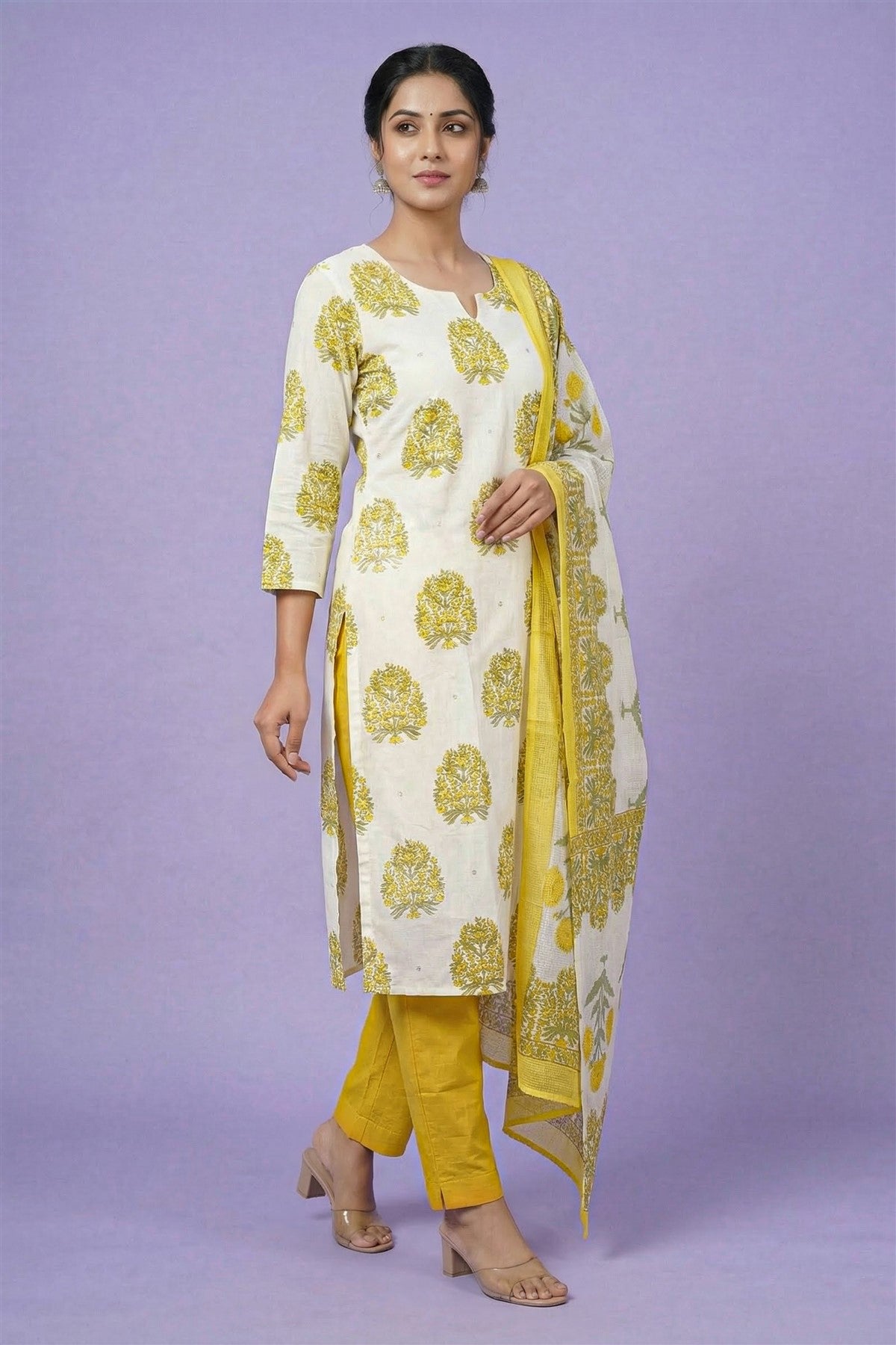 Cotton Printed Lemon Yellow Kurti Set With Dupatta
