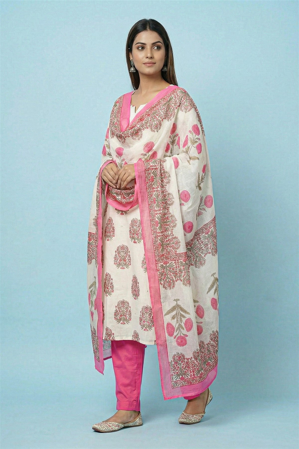 Cotton Printed Pink Kurti Set With Dupatta