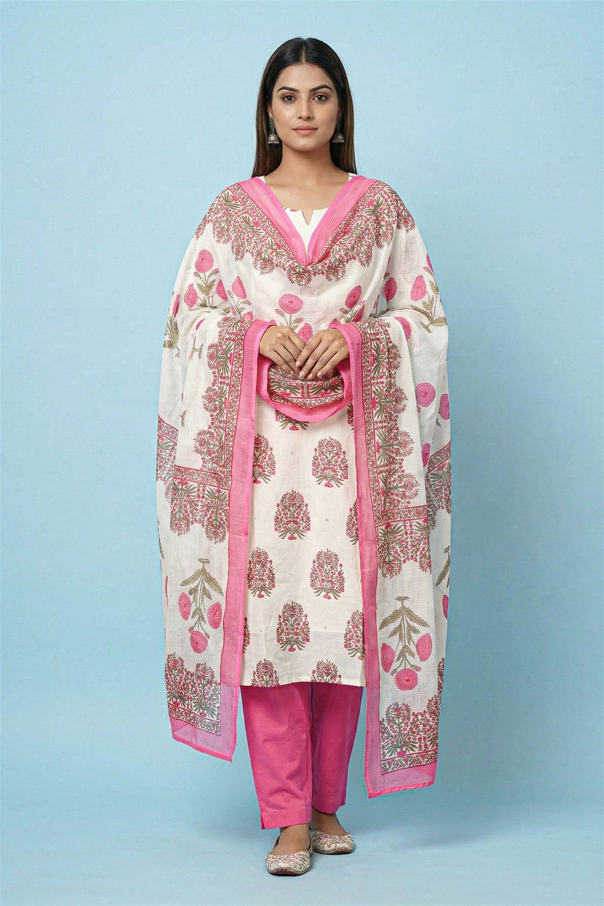 Cotton Printed Pink Kurti Set With Dupatta