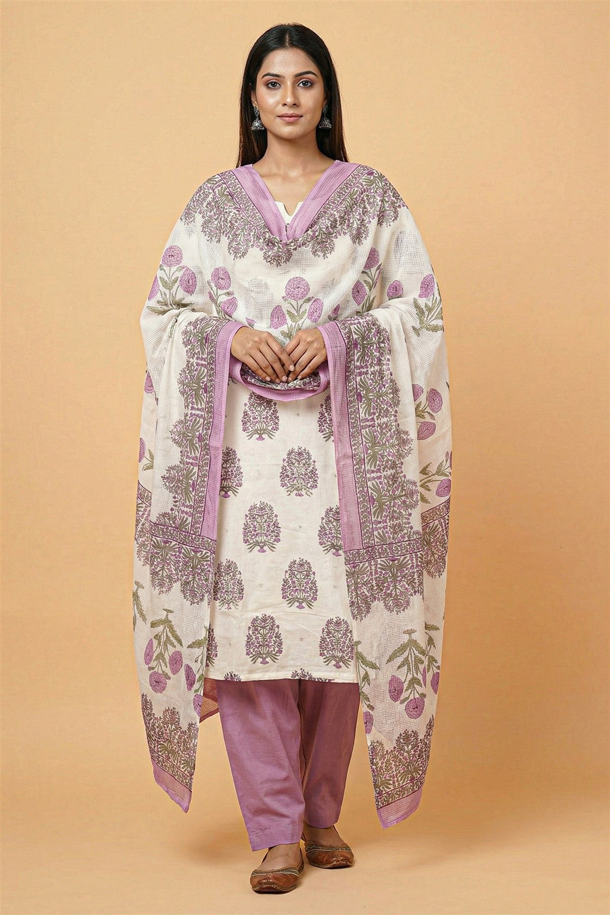 Cotton Printed Purple Kurti Set With Dupatta