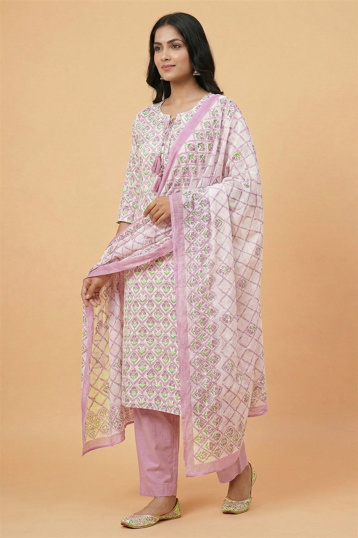 Cotton Printed Lavender Kurti Set With Dupatta