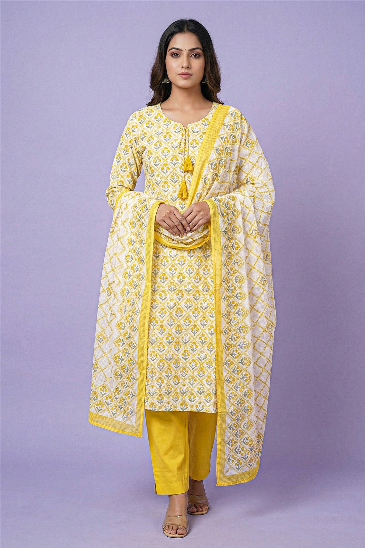 Cotton Printed Mustard Kurti Set With Dupatta
