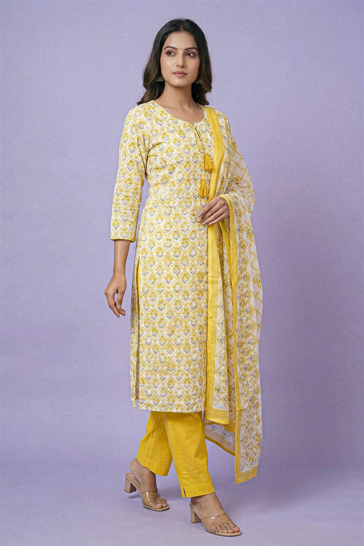 Cotton Printed Mustard Kurti Set With Dupatta