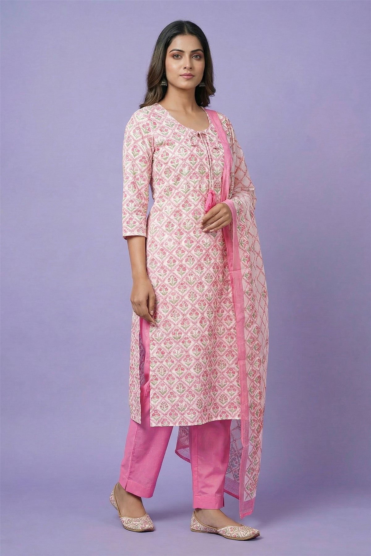 Cotton Printed Pink Kurti Set With Dupatta