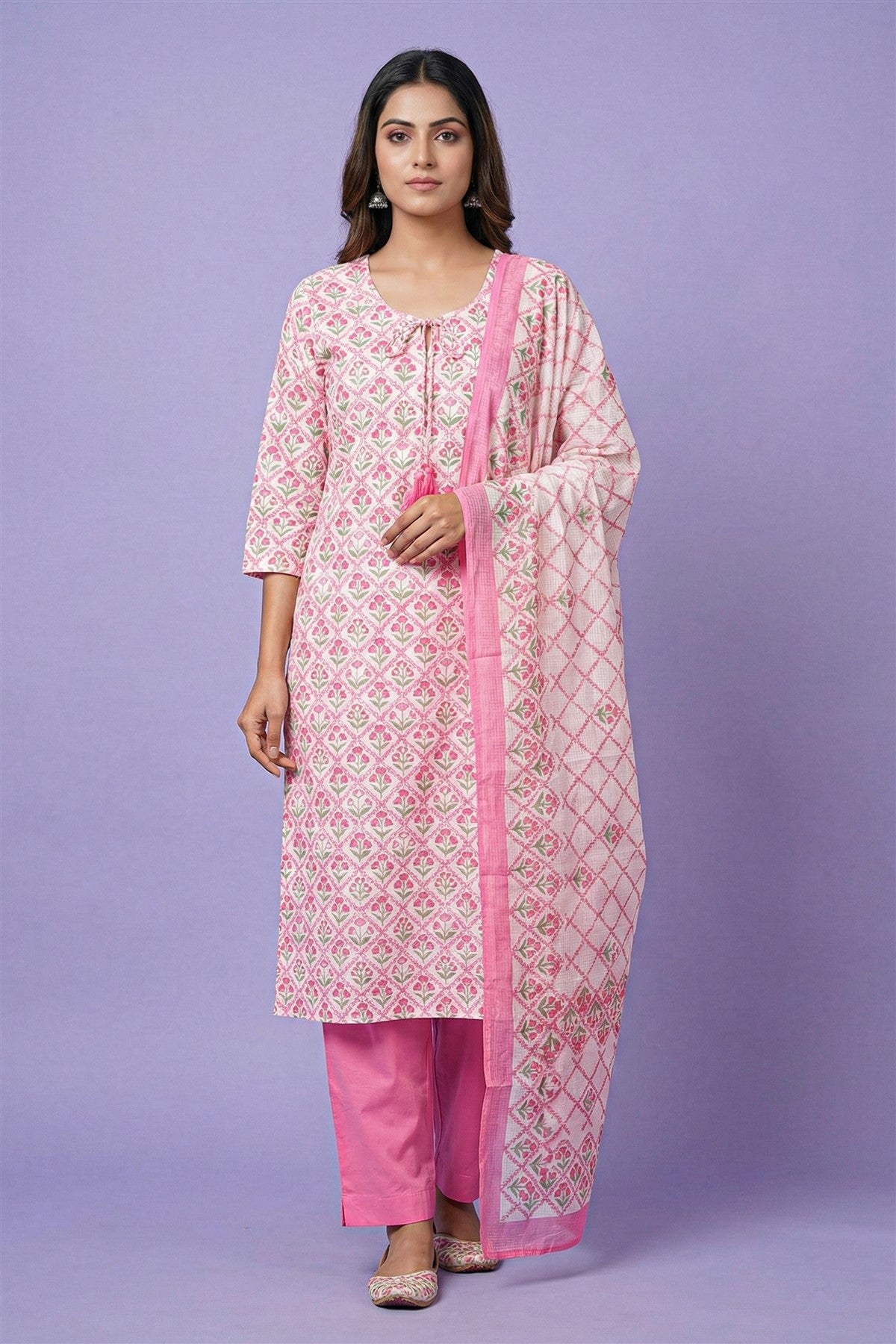 Cotton Printed Pink Kurti Set With Dupatta