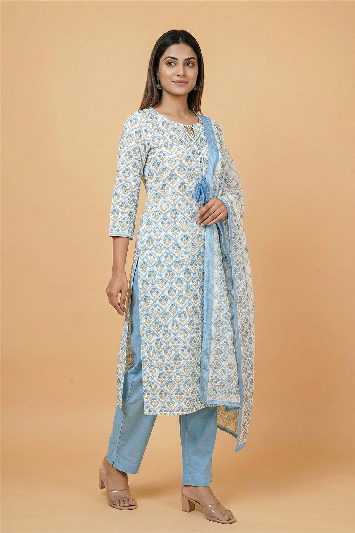 Cotton Printed Teal Kurti Set With Dupatta