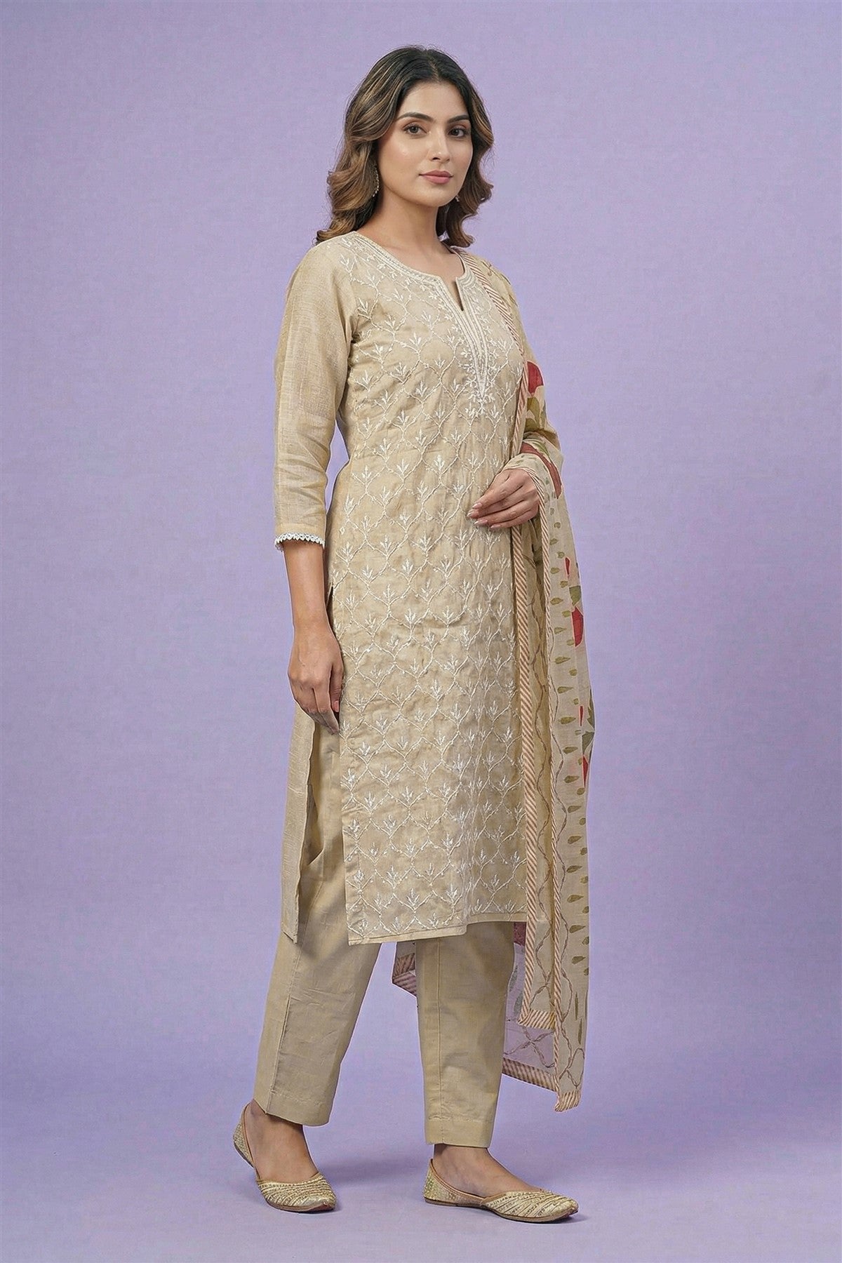 Chanderi Embroidery Beige Kurti Set With Dupatta