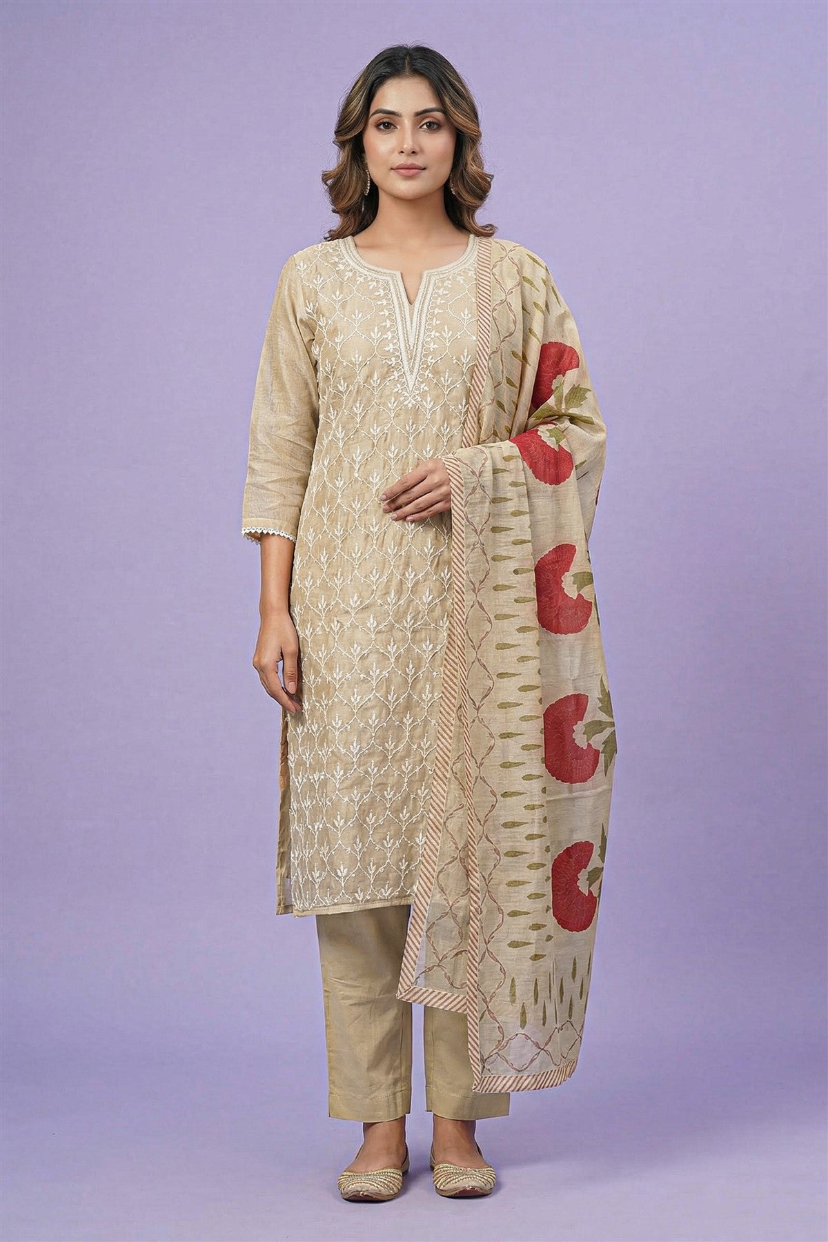 Chanderi Embroidery Beige Kurti Set With Dupatta