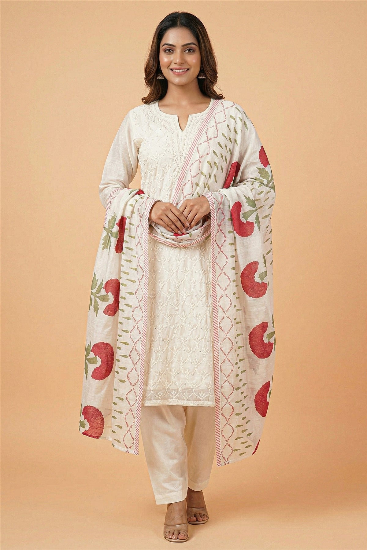 Chanderi Embroidered Off White Kurti Set With Dupatta
