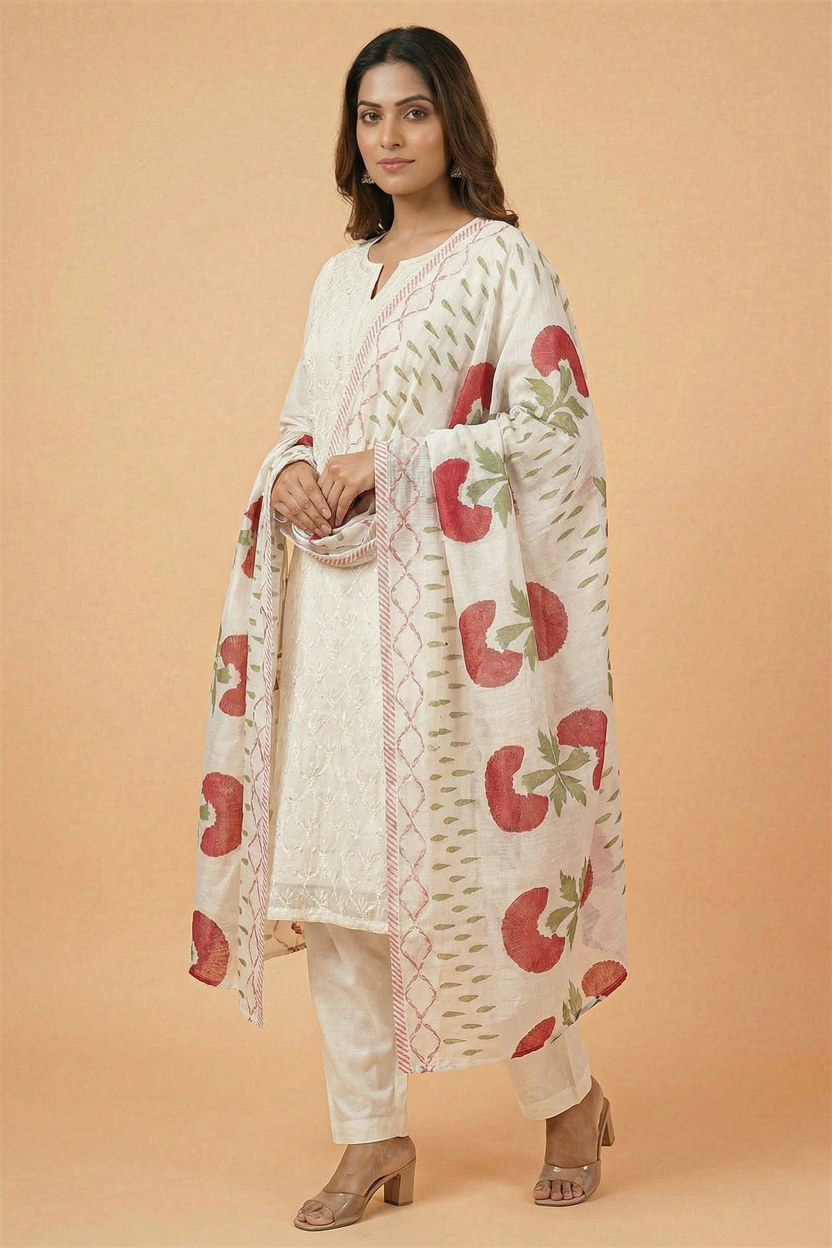 Chanderi Embroidered Off White Kurti Set With Dupatta