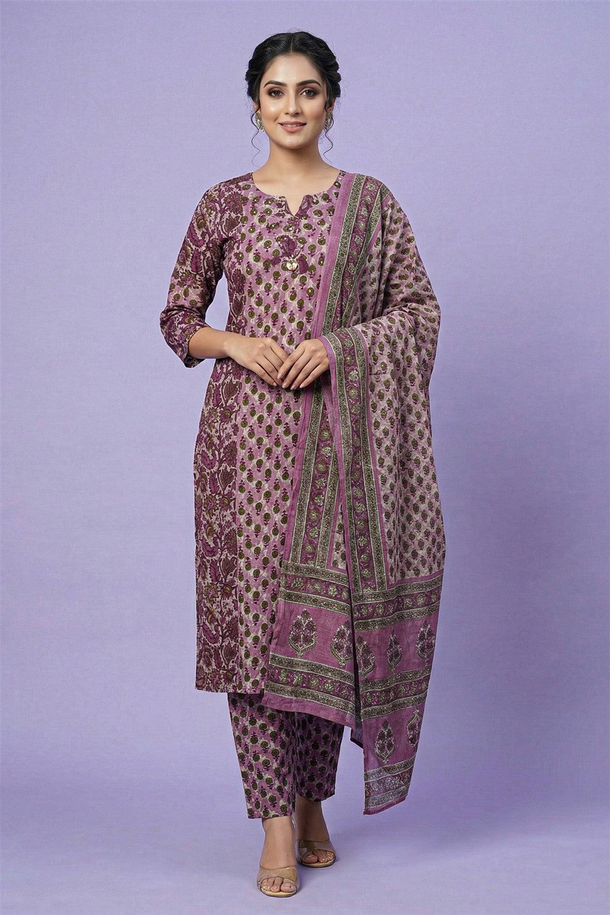 Cotton Printed Maroon Kurti Set With Dupatta
