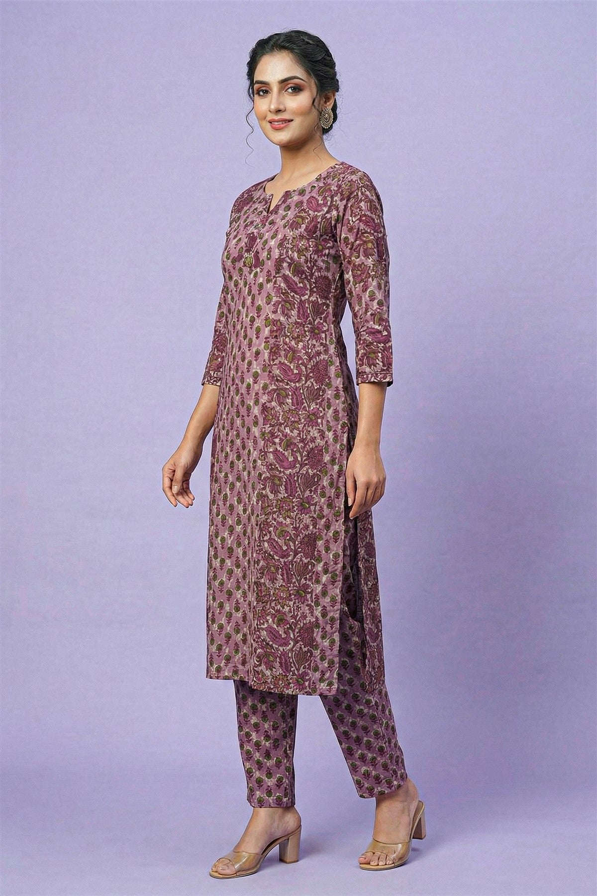 Cotton Printed Maroon Kurti Set With Dupatta