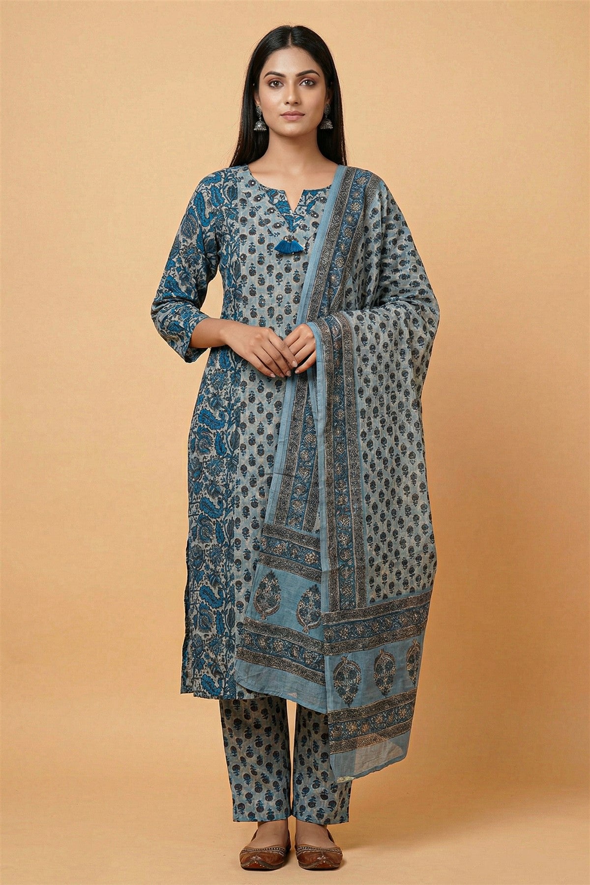 Cotton Printed Blue Kurti Set With Dupatta